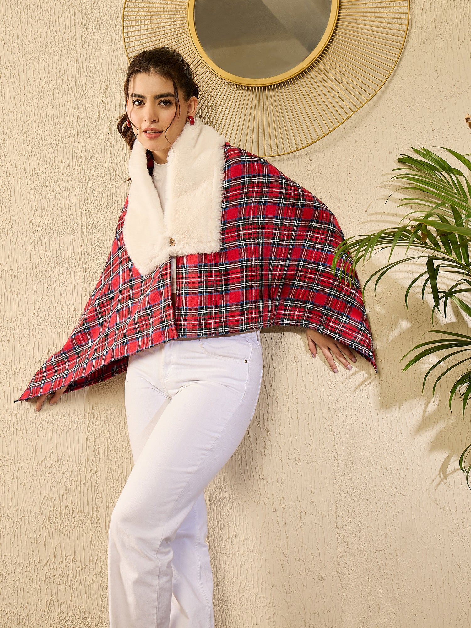 Red Green Check Cream Fur Poncho