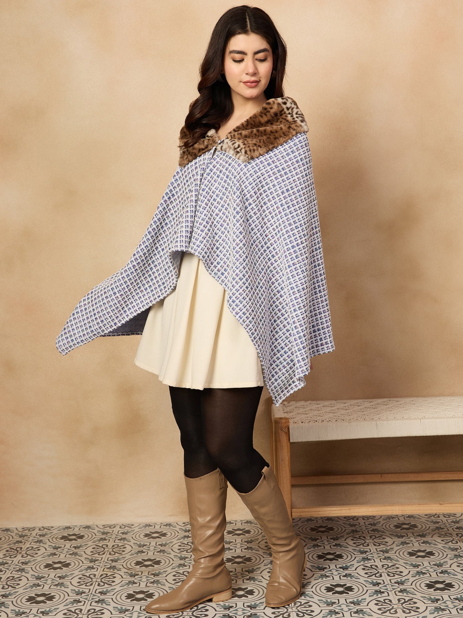 Blue White Check Acrylic Fur Poncho