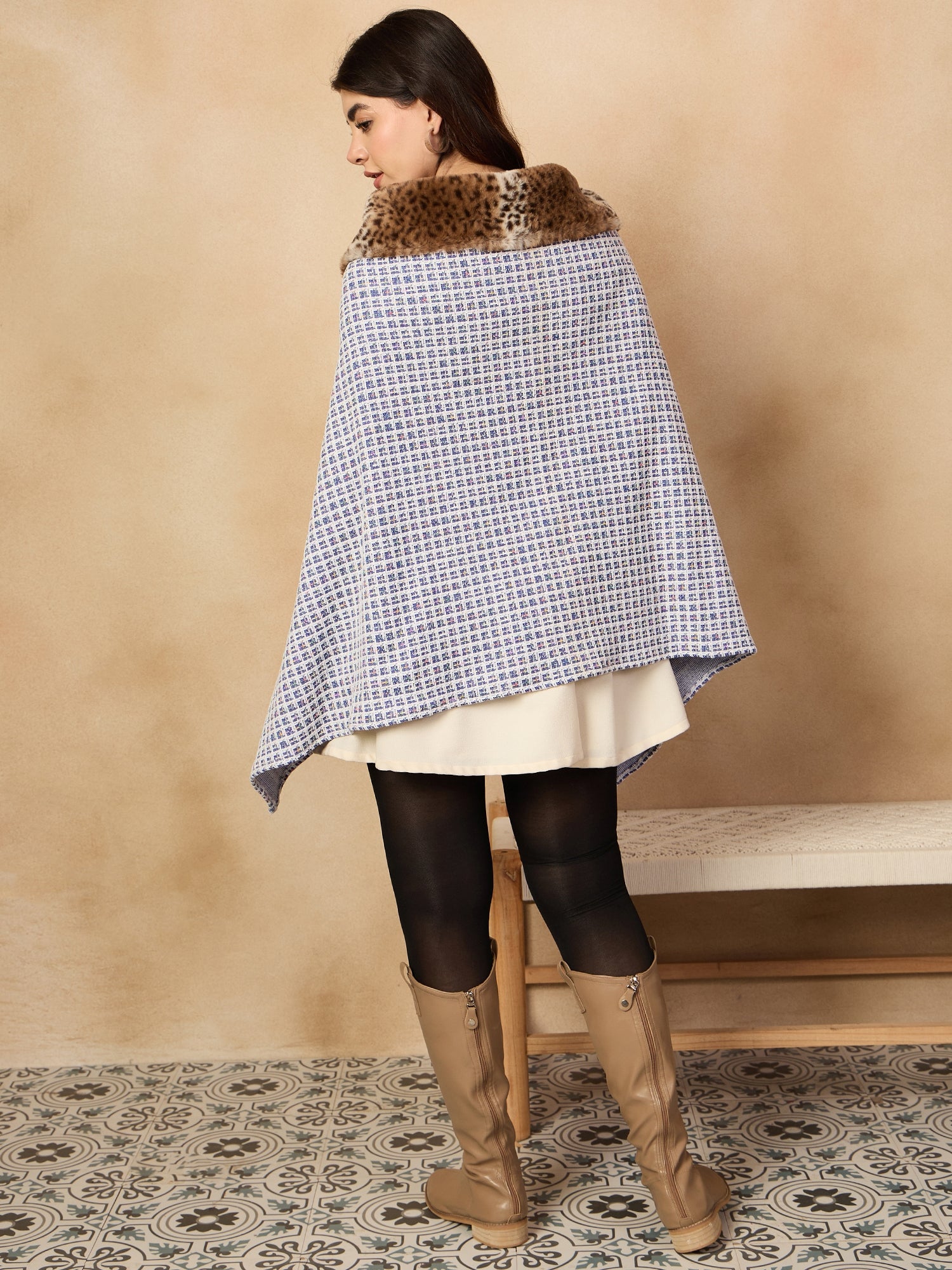 Blue White Check Acrylic Fur Poncho