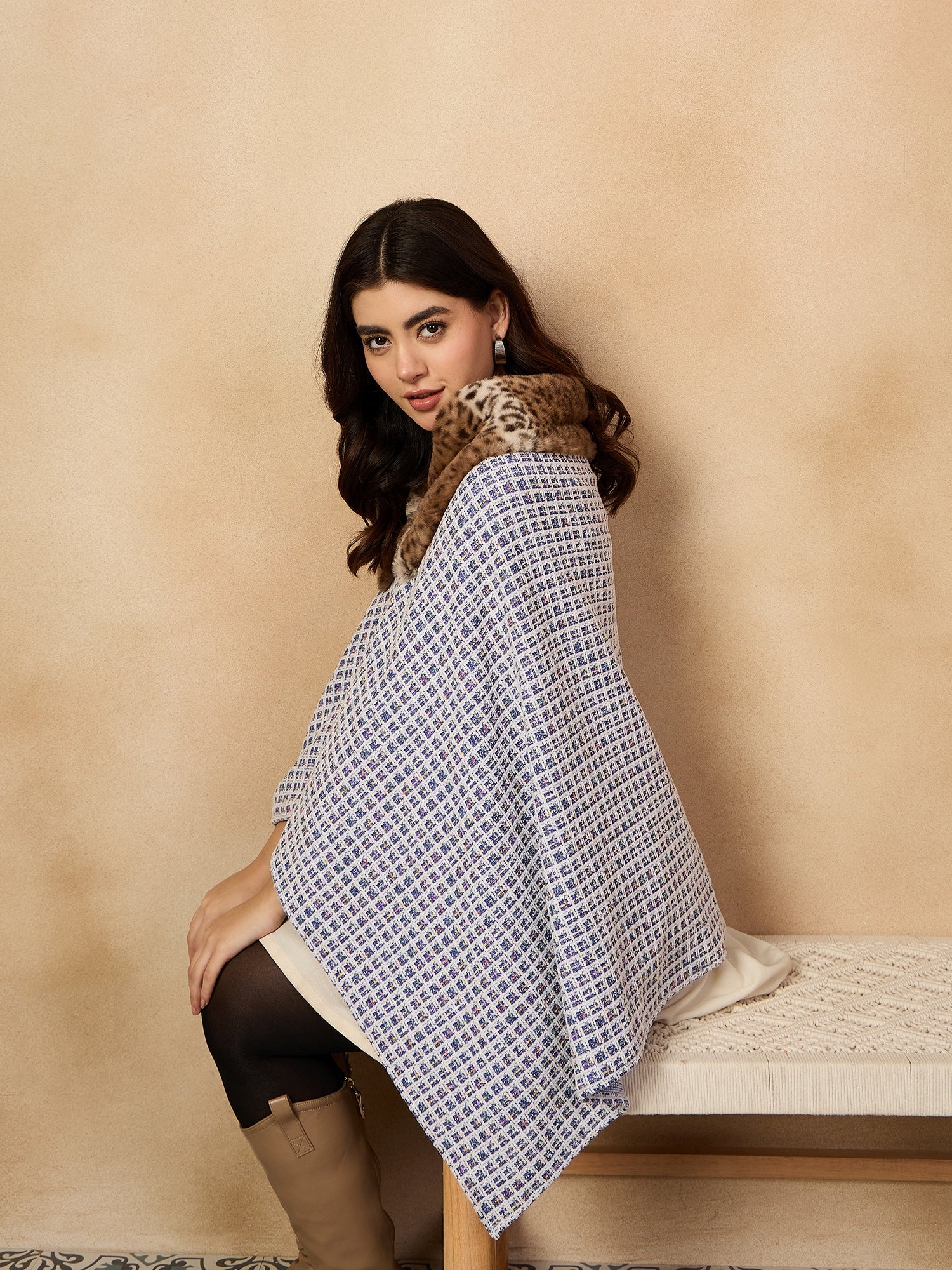 Blue White Check Acrylic Fur Poncho