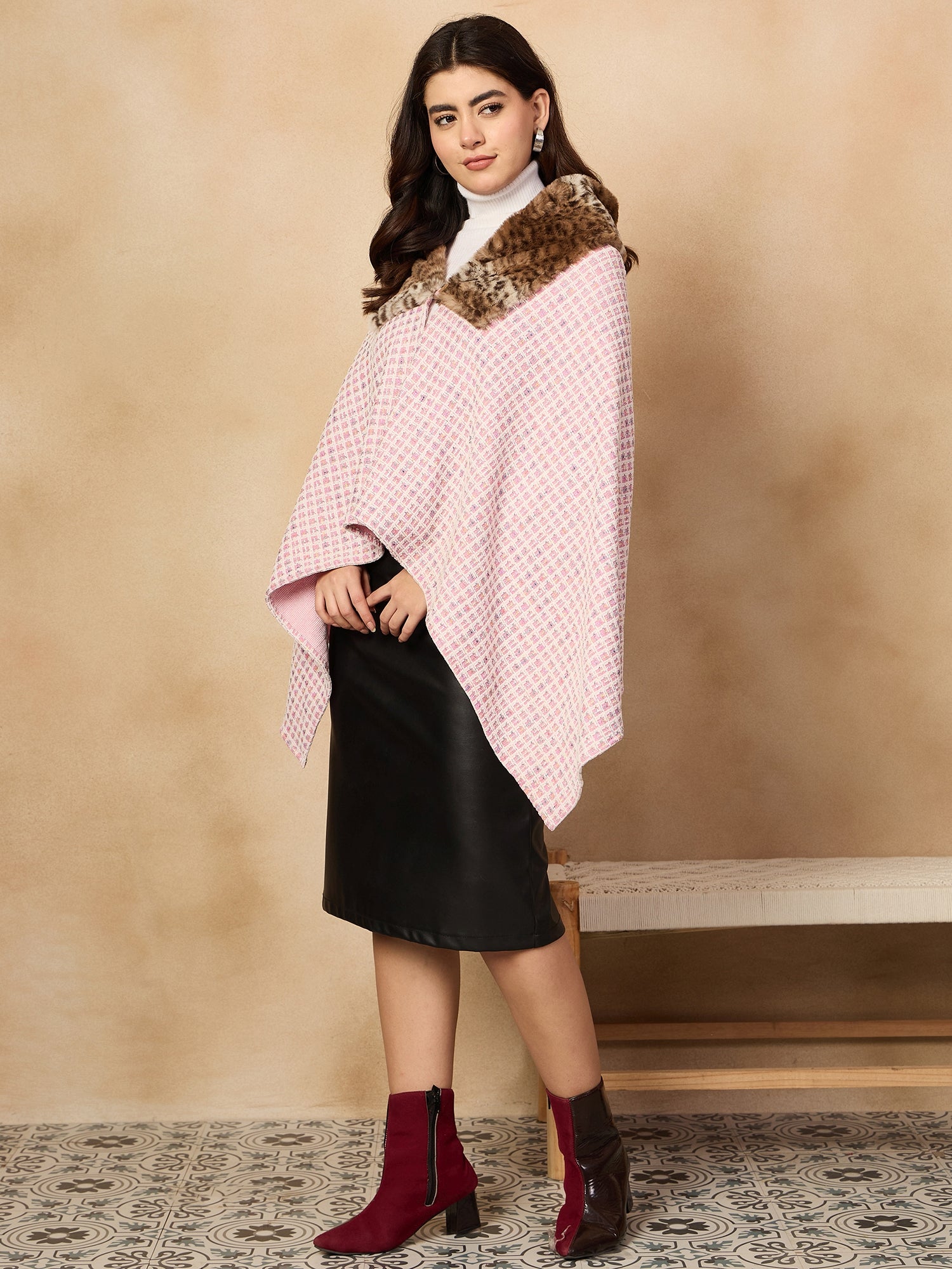 Pink White Check Acrylic Fur Poncho