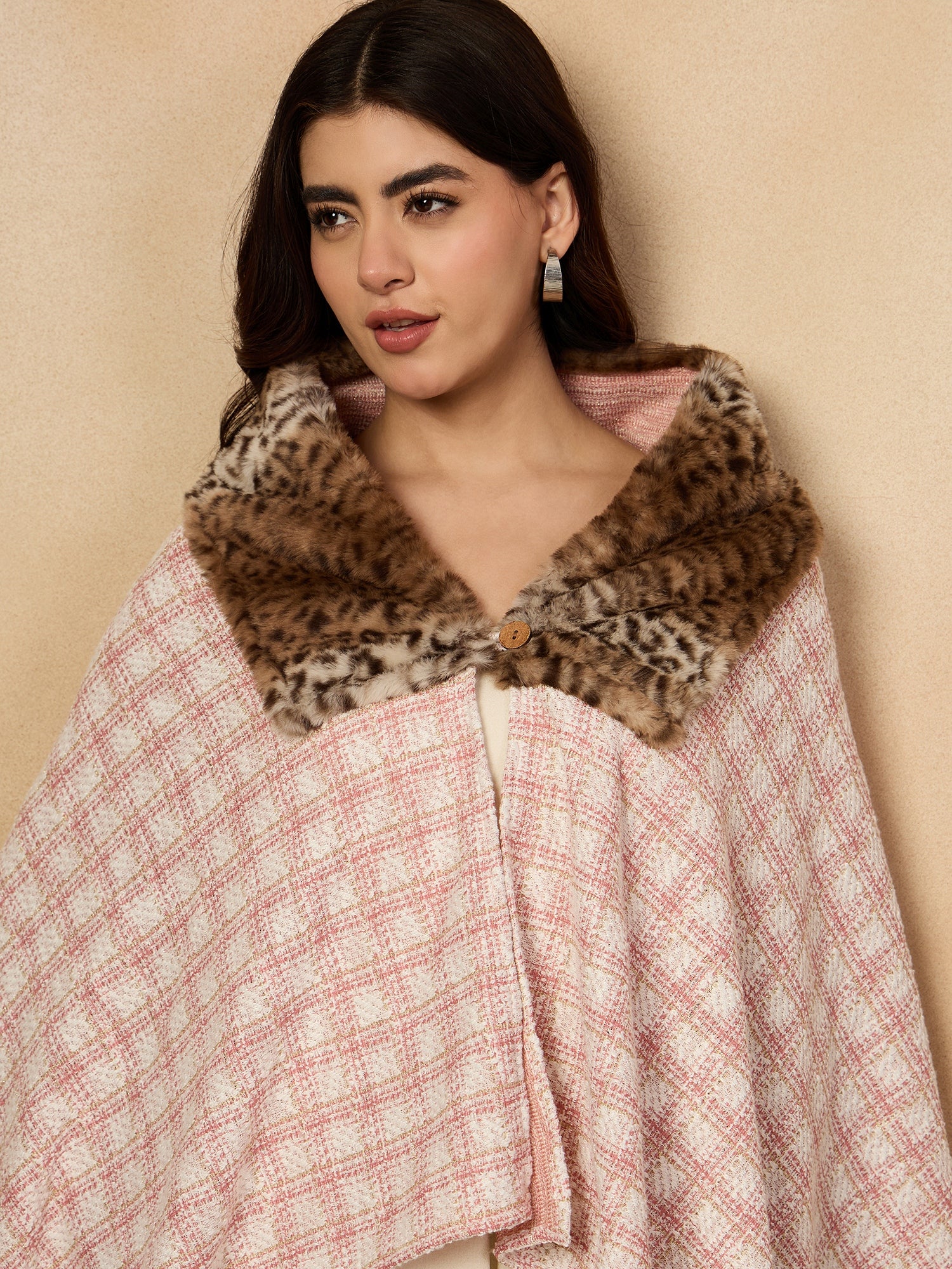 Peach White Big Check Acrylic Fur Poncho