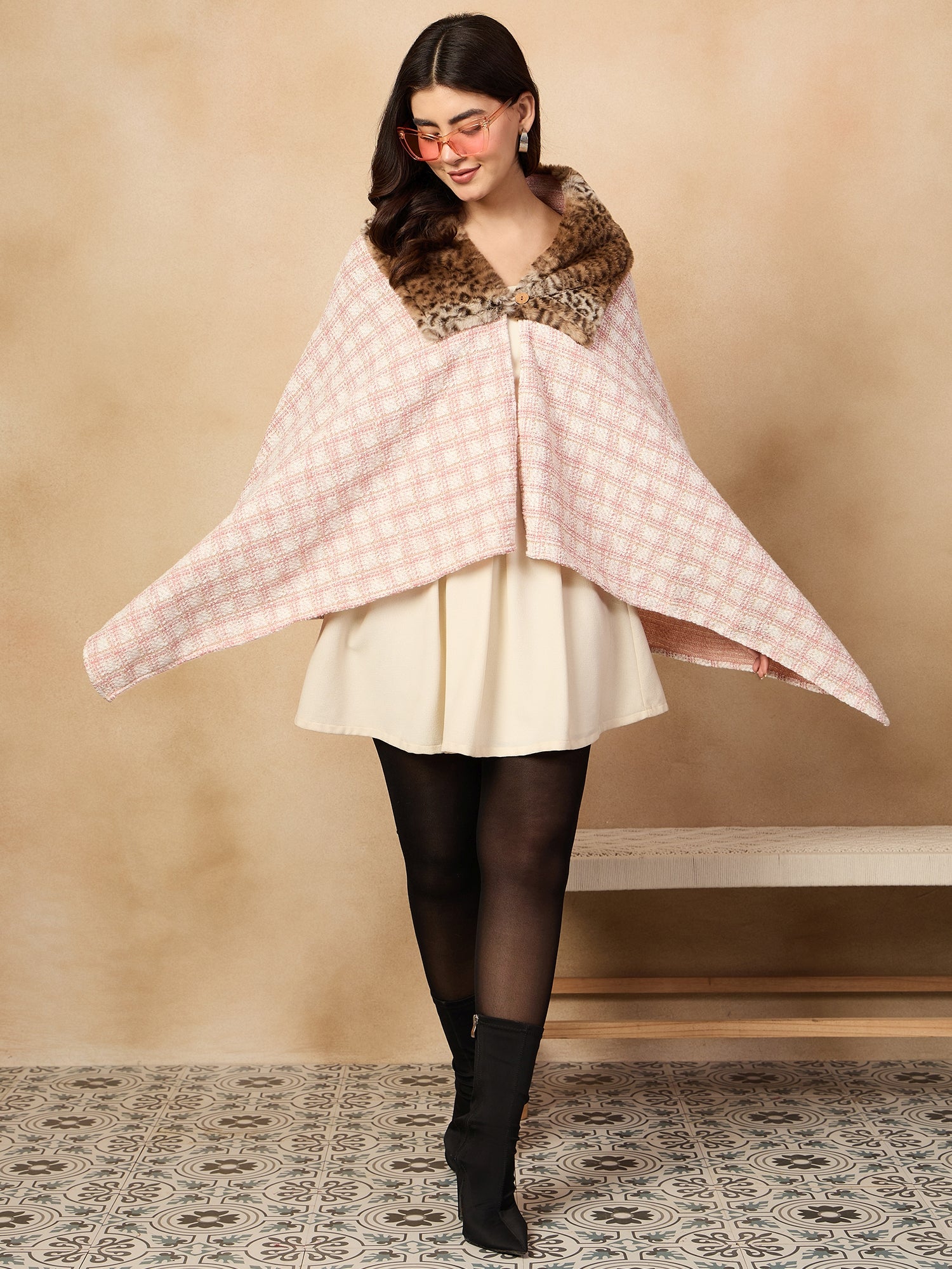 Peach White Big Check Acrylic Fur Poncho