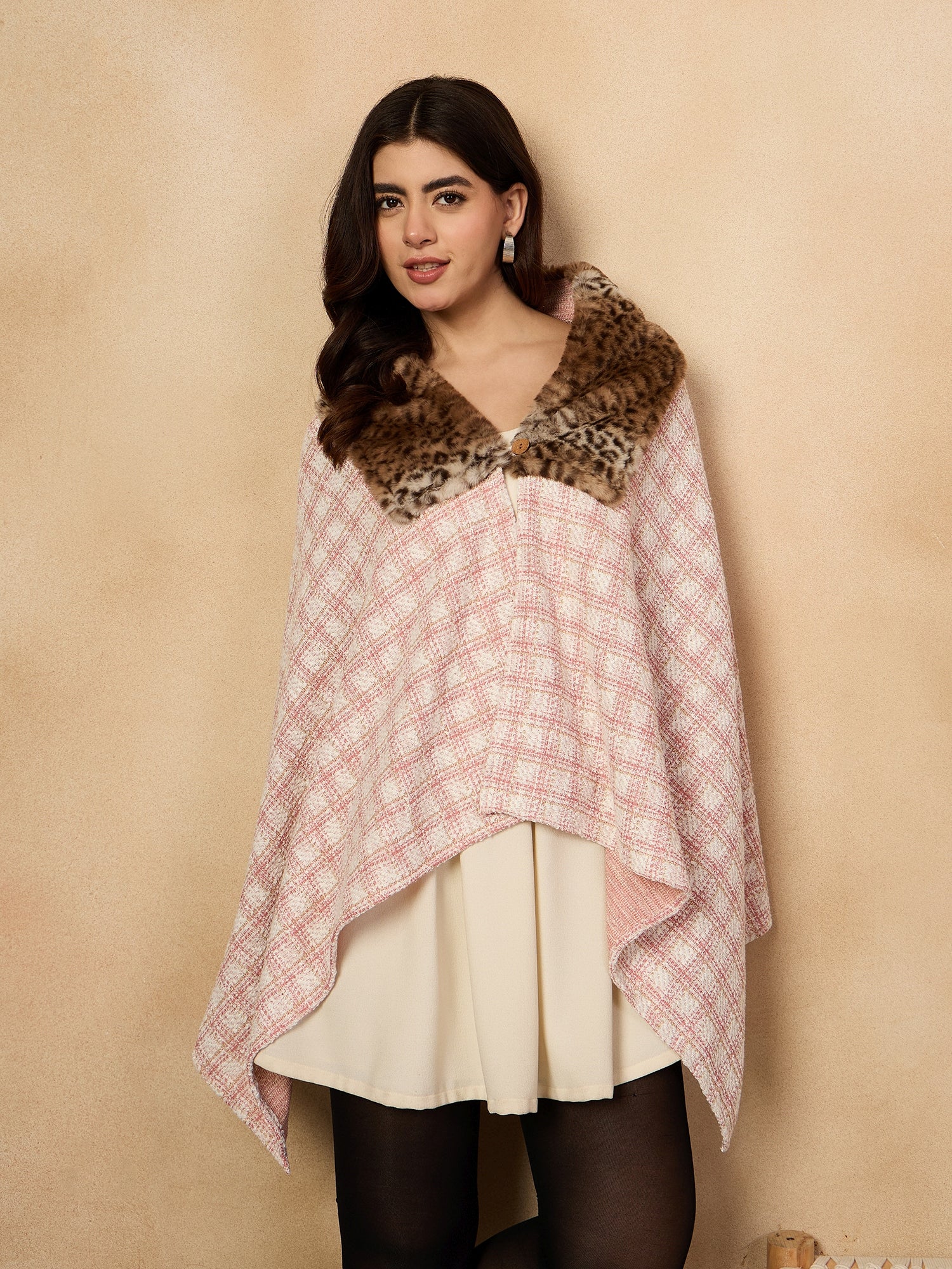 Peach White Big Check Acrylic Fur Poncho