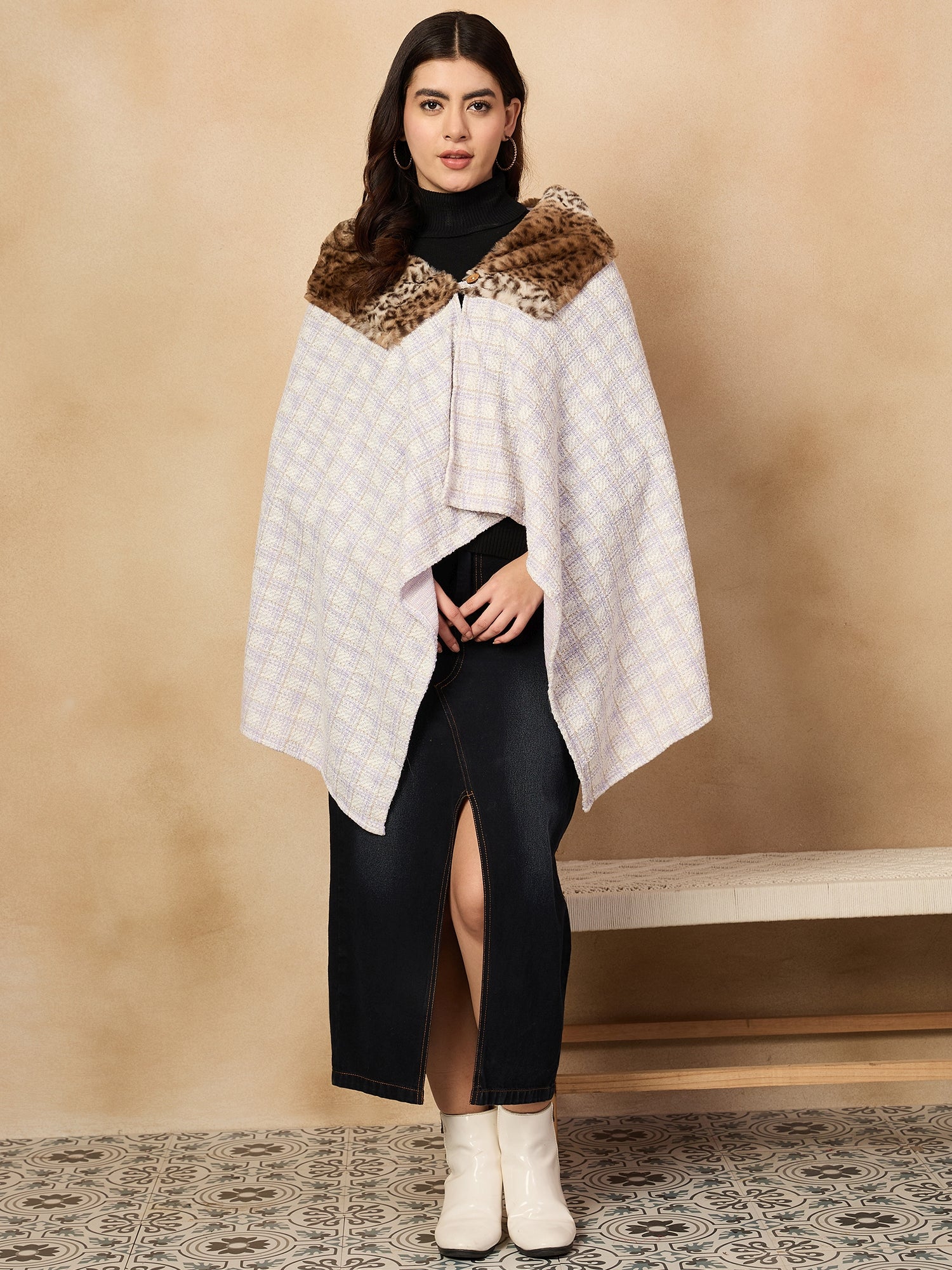 Mauve White Big Check Acrylic Fur Poncho