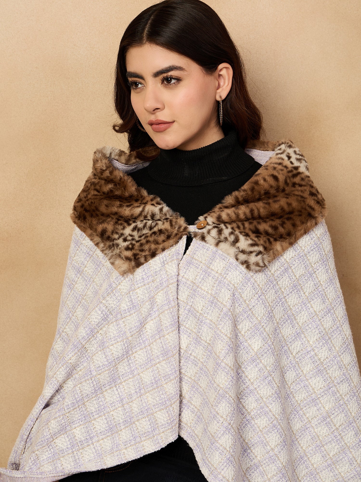 Mauve White Big Check Acrylic Fur Poncho