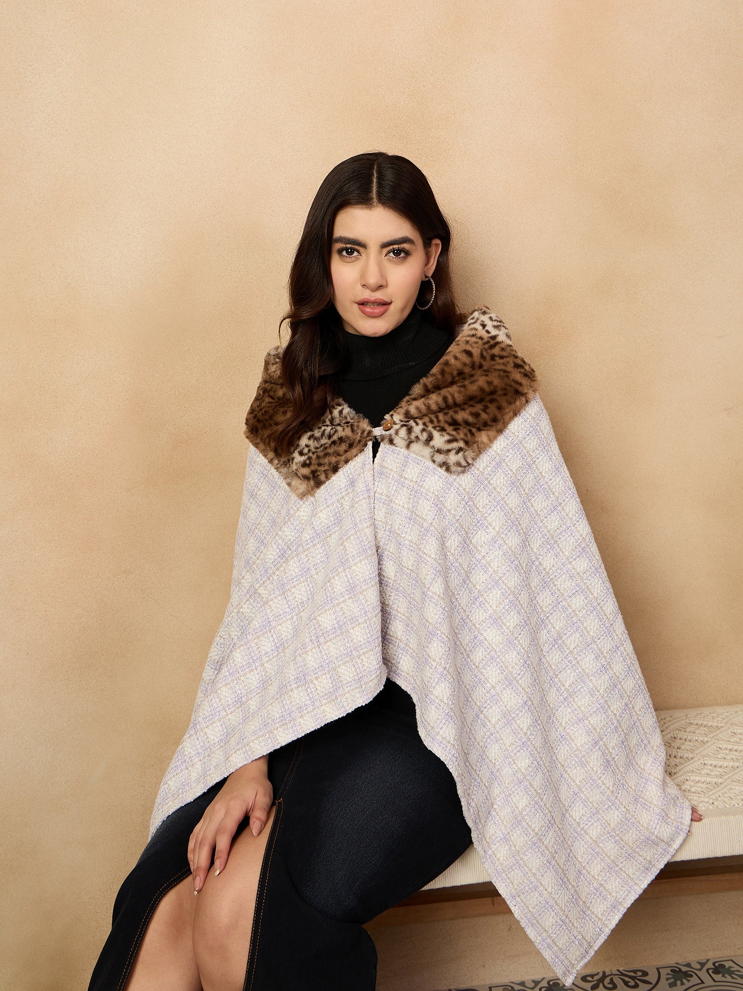 Mauve White Big Check Acrylic Fur Poncho