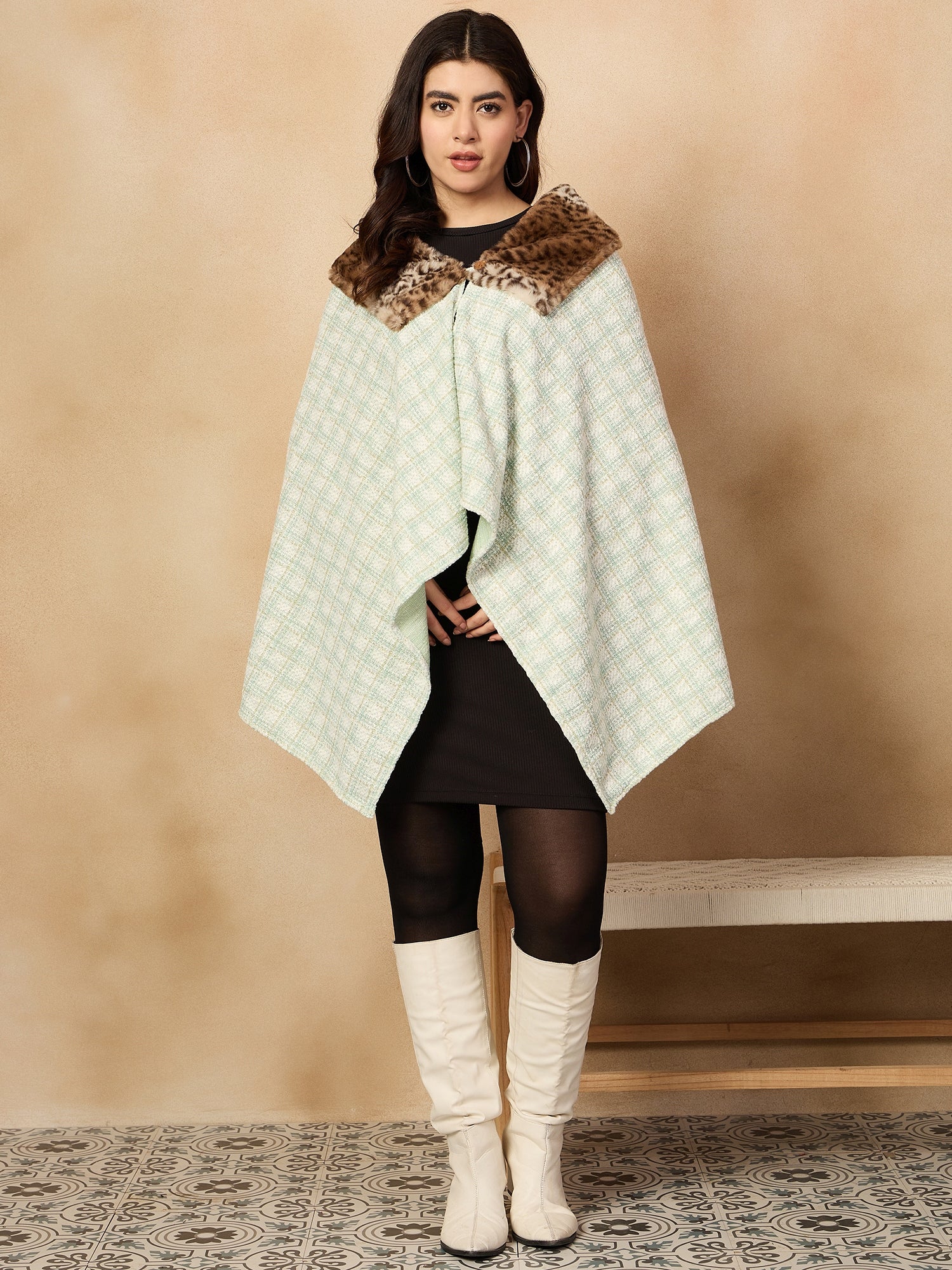 Green White Big Check Acrylic Fur Poncho