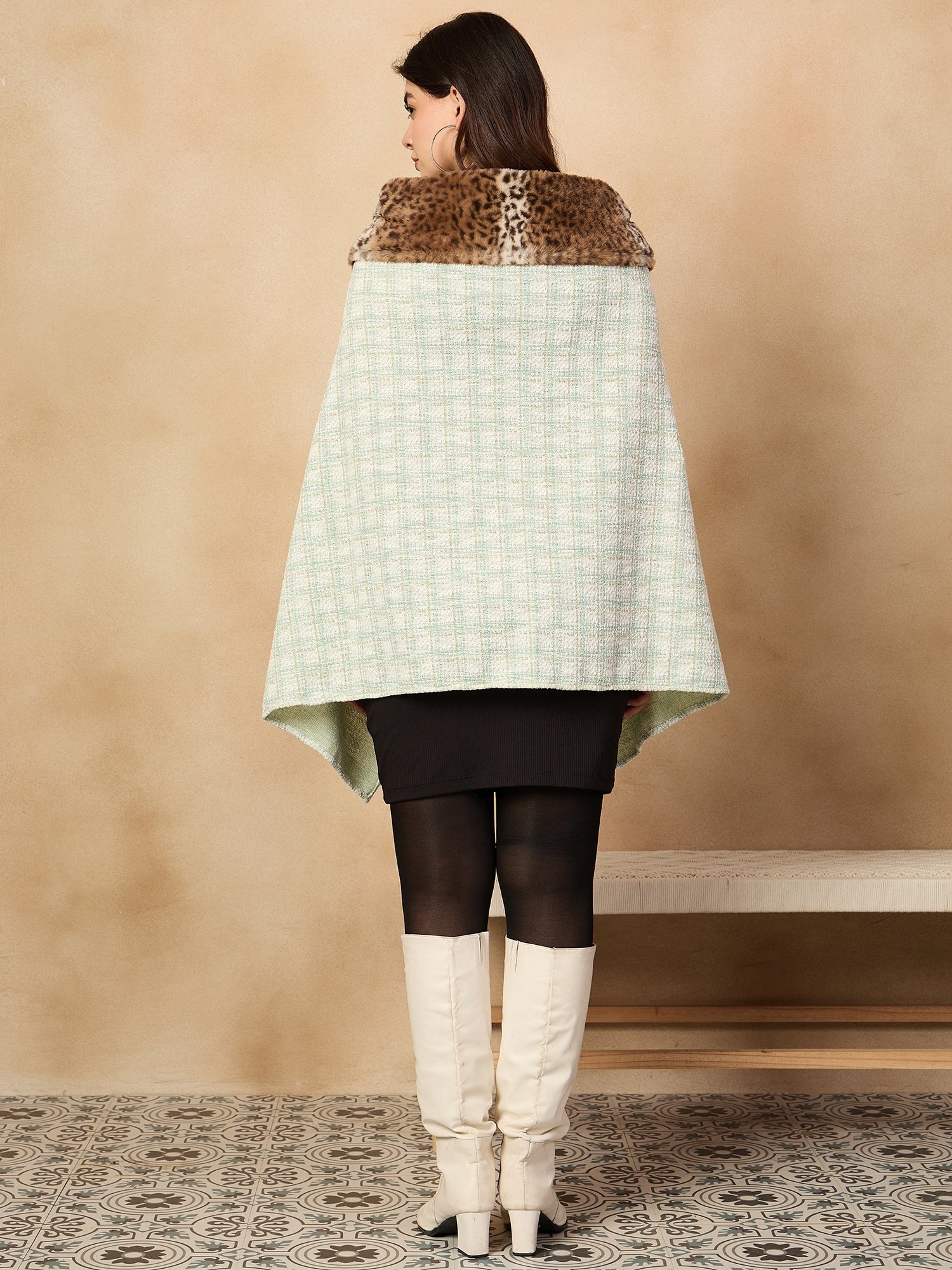 Green White Big Check Acrylic Fur Poncho