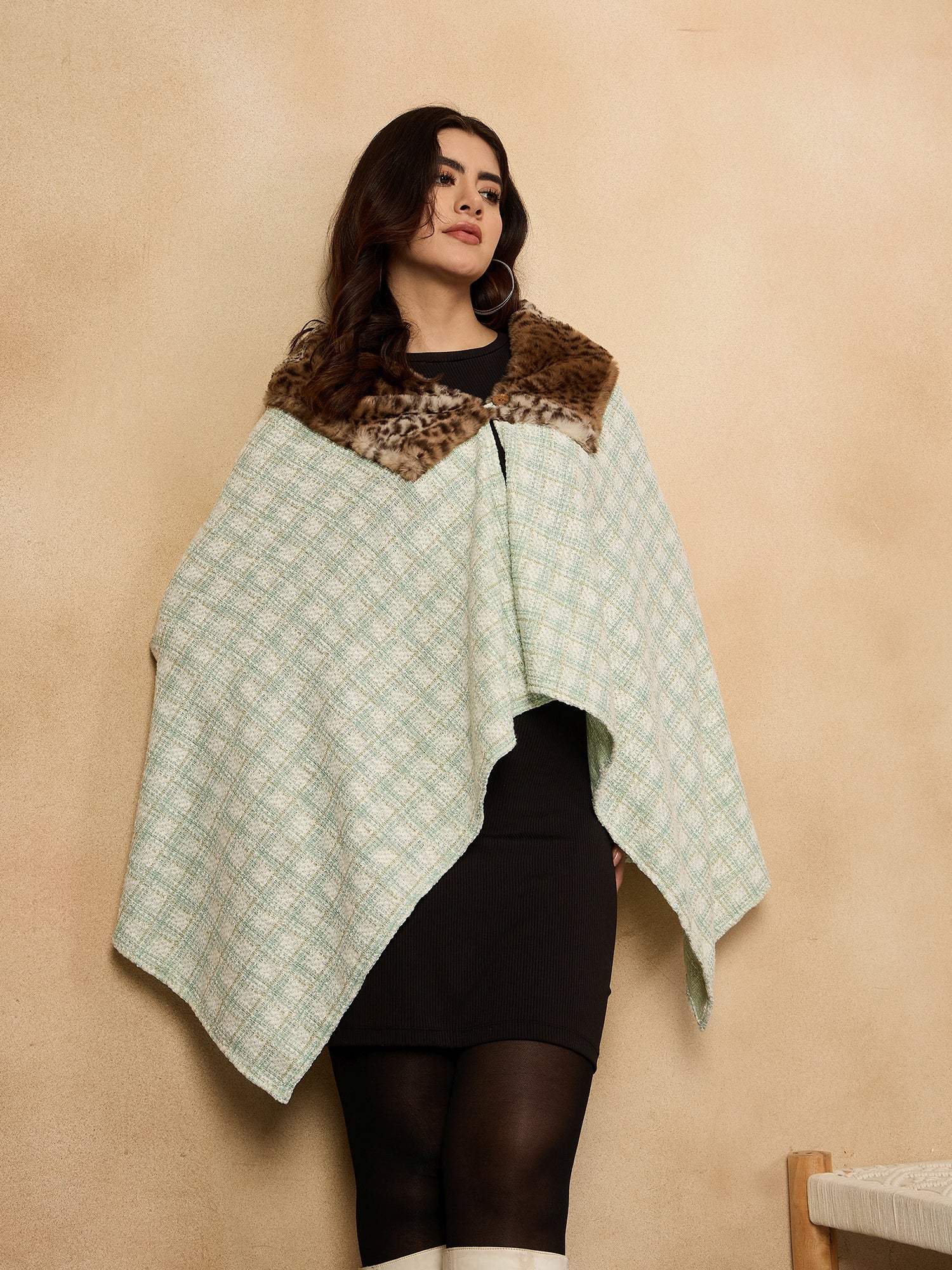 Green White Big Check Acrylic Fur Poncho