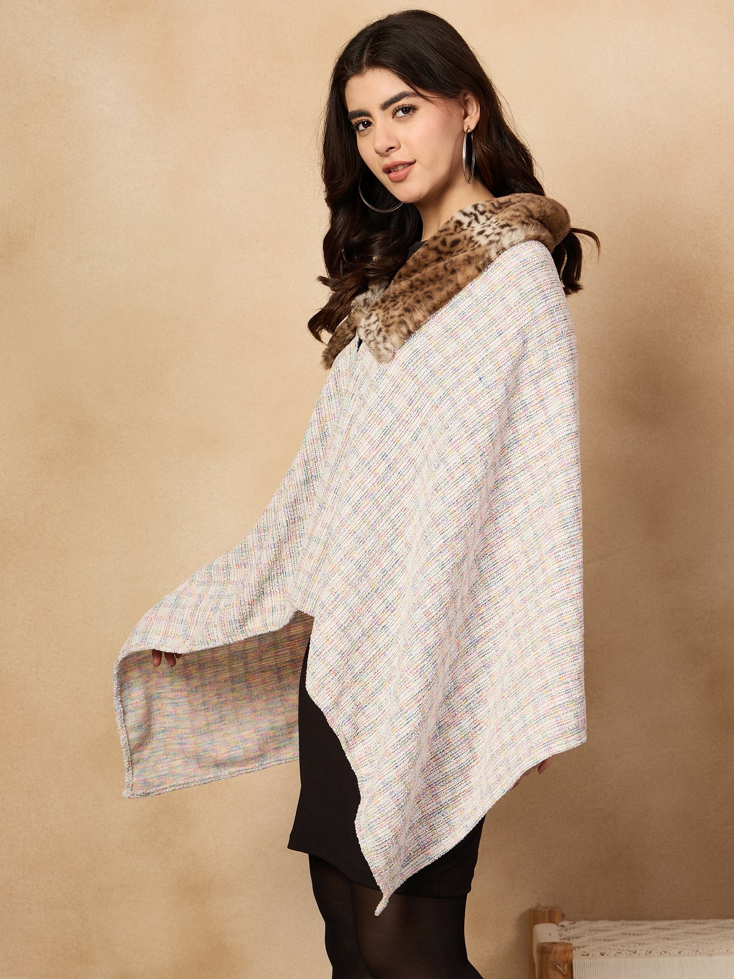 Multi White Acrylic Fur Poncho