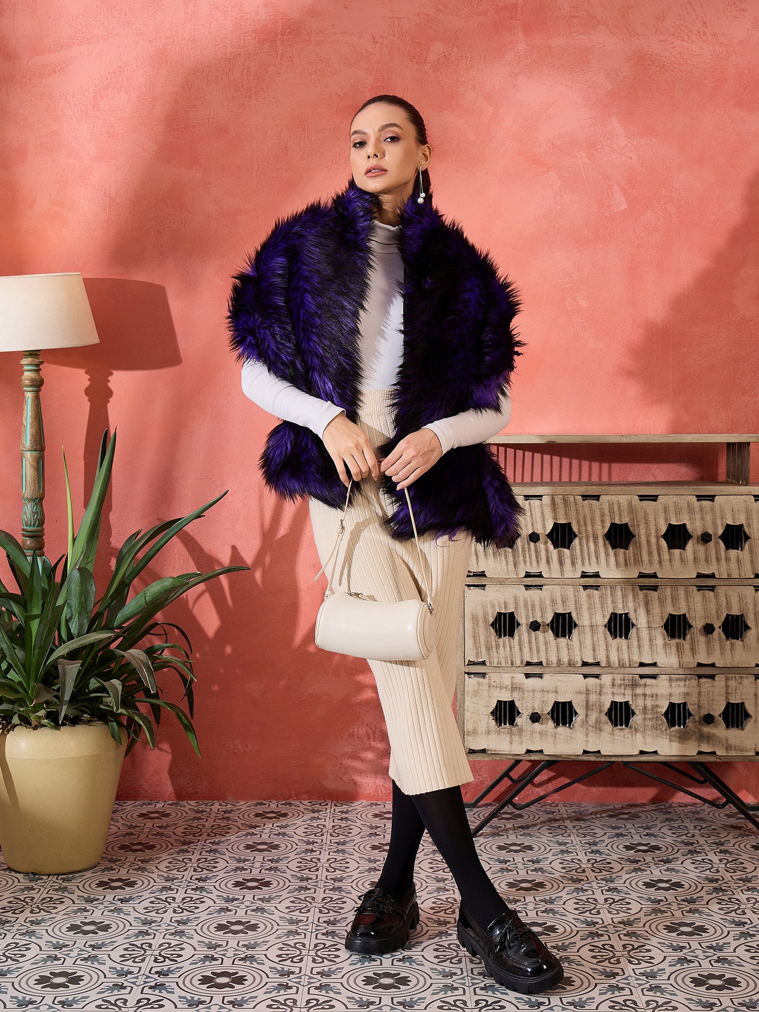 Purple Black Faux Fur Cape