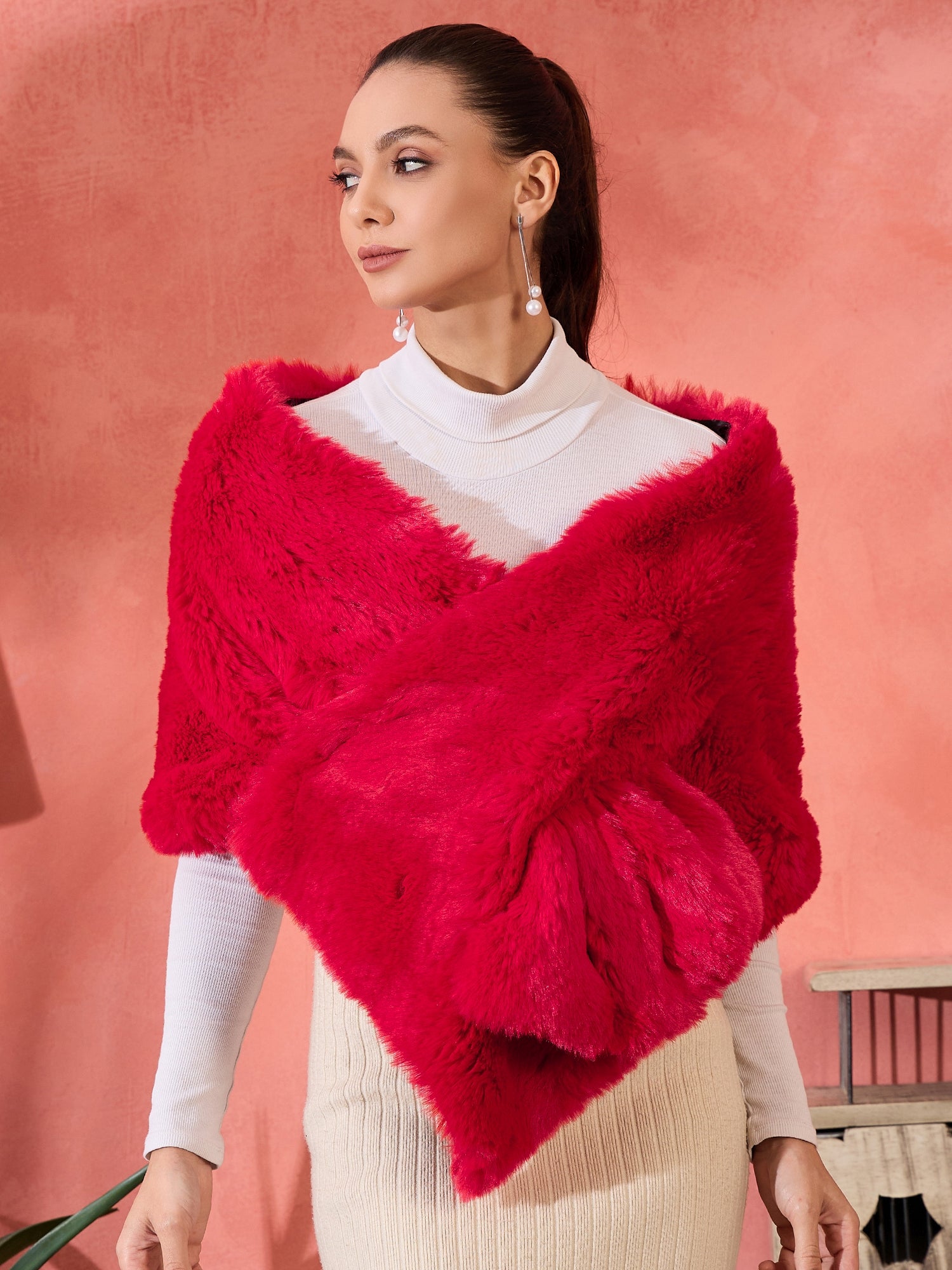 Cherry Red Long Faux Fur Cape