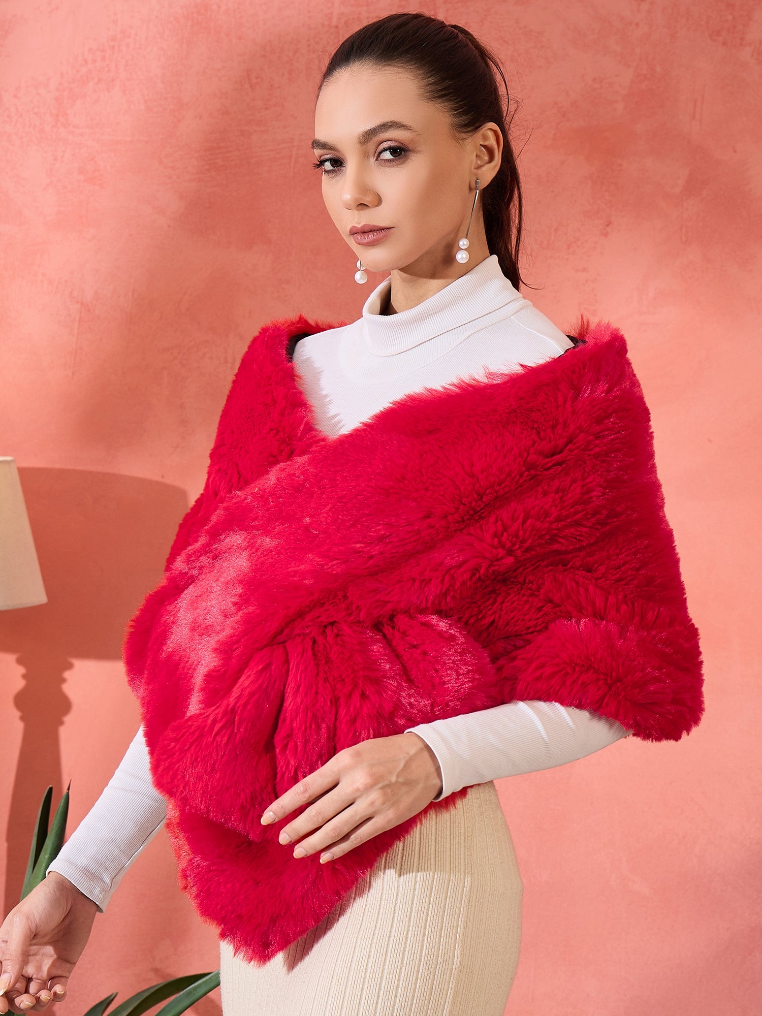 Cherry Red Long Faux Fur Cape