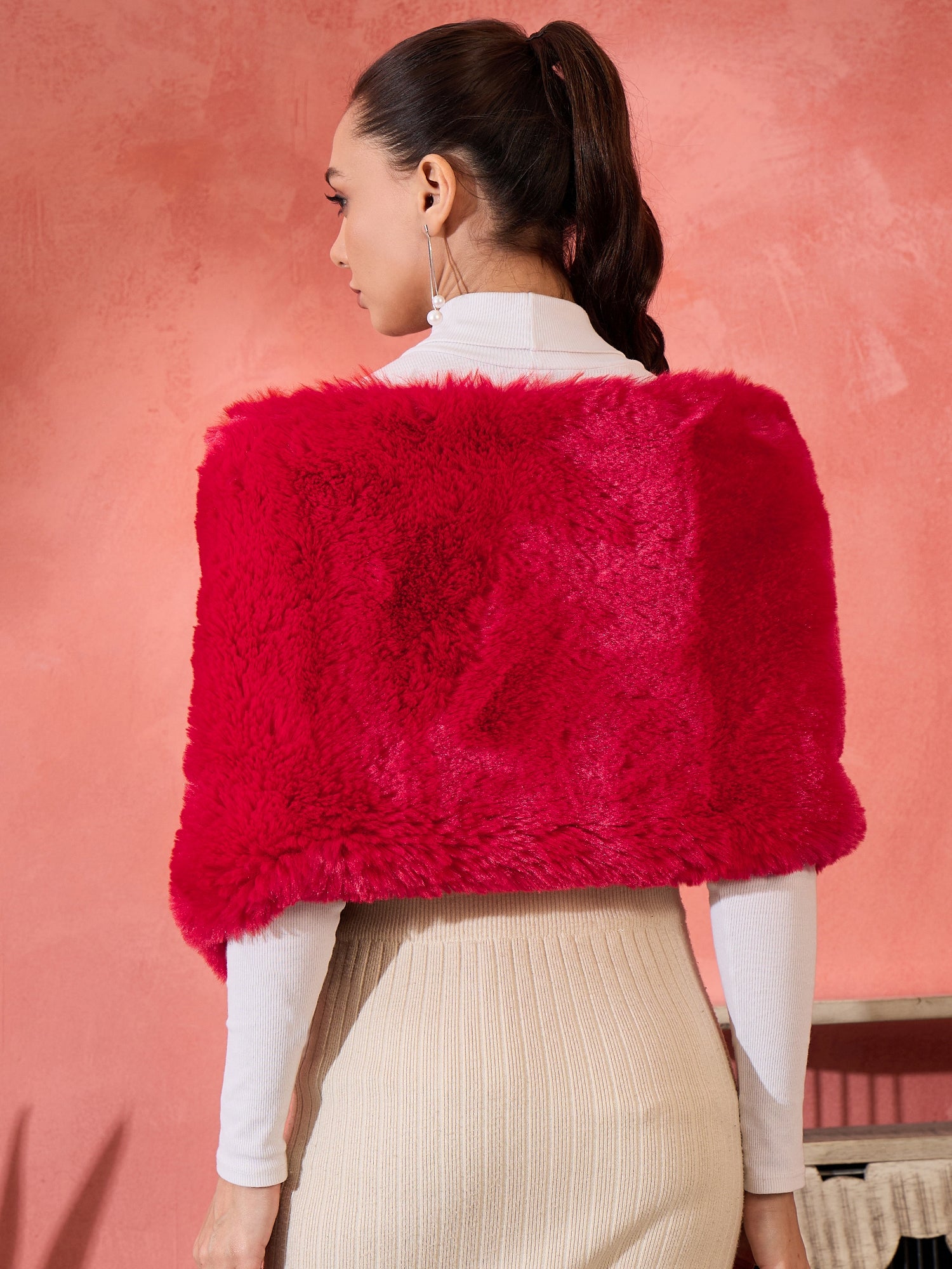 Cherry Red Long Faux Fur Cape