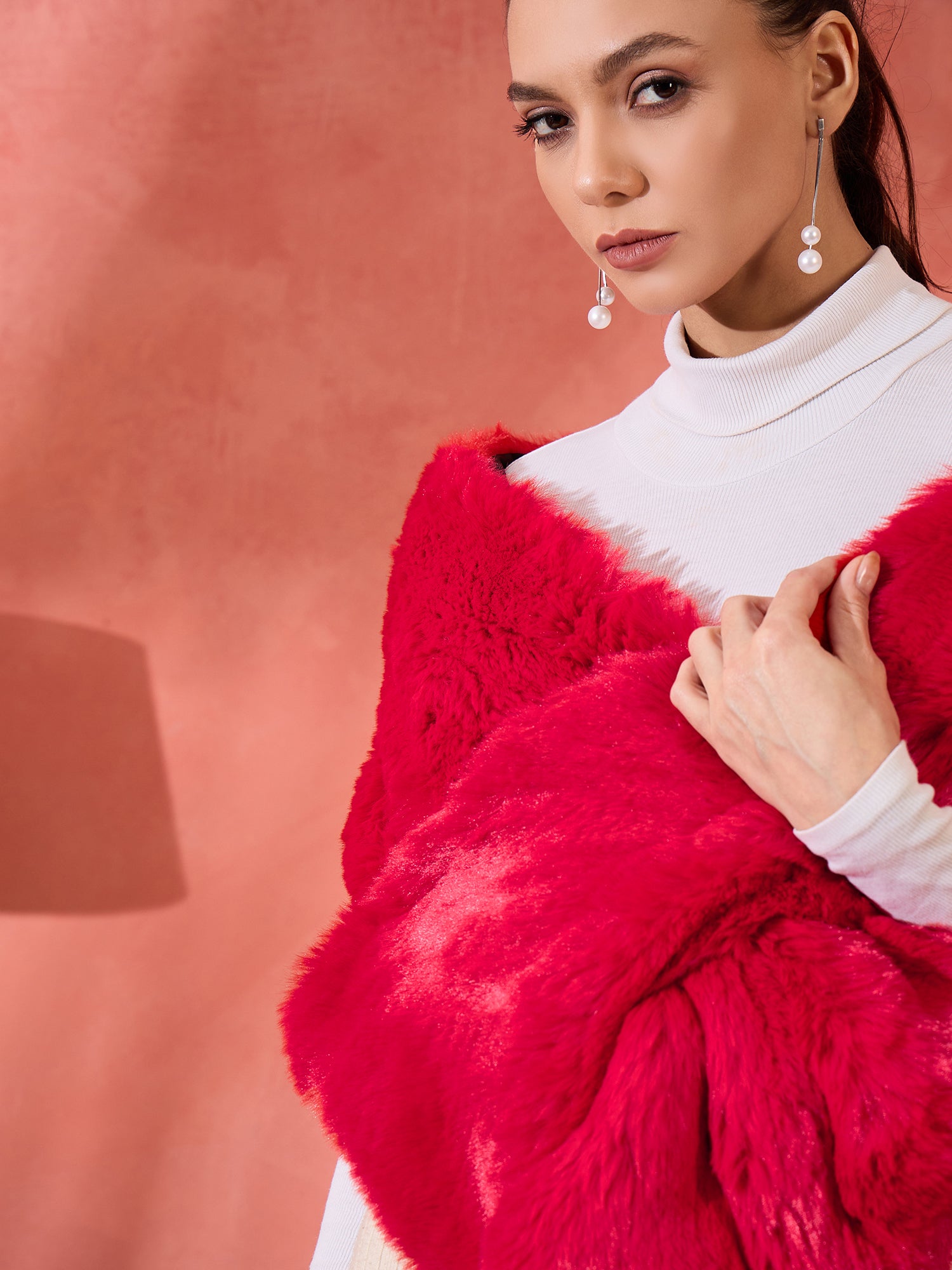 Cherry Red Long Faux Fur Cape