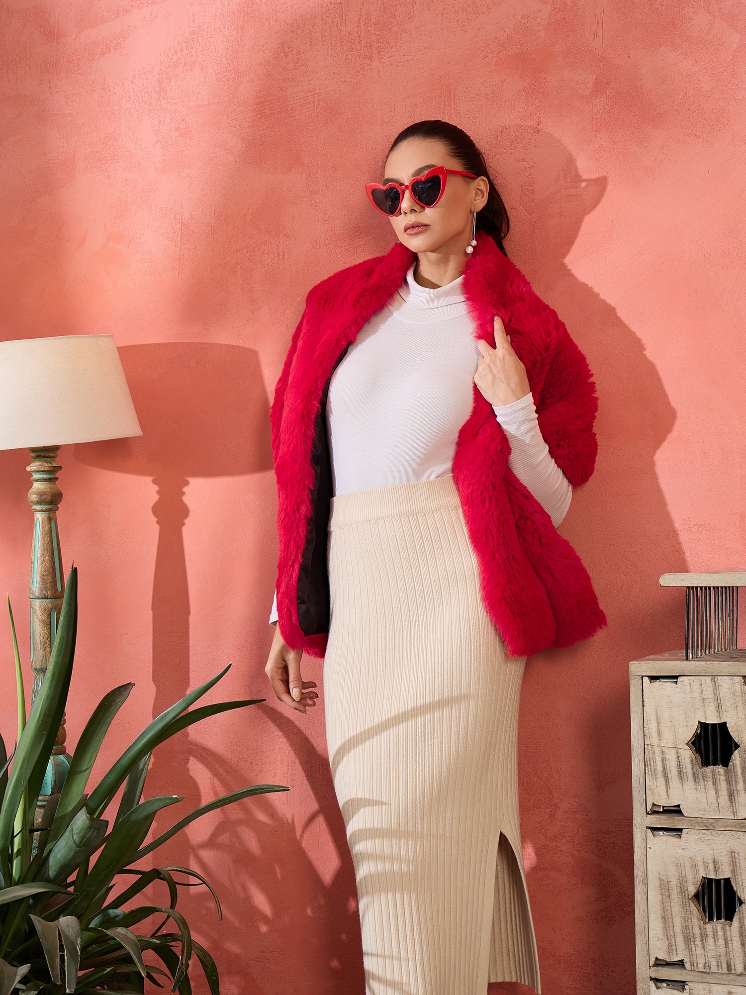 Cherry Red Long Faux Fur Cape