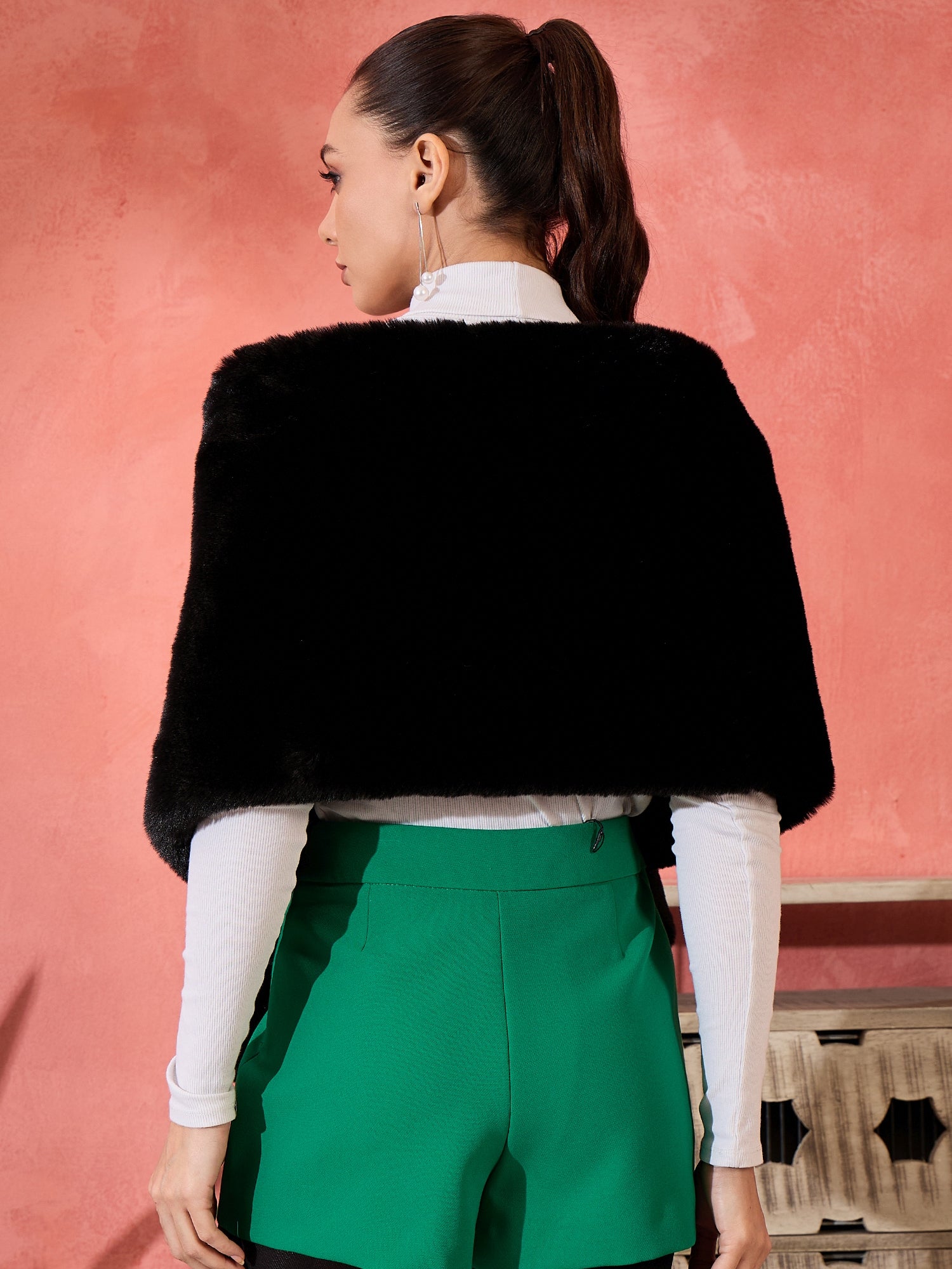 Black Long Faux Fur Cape