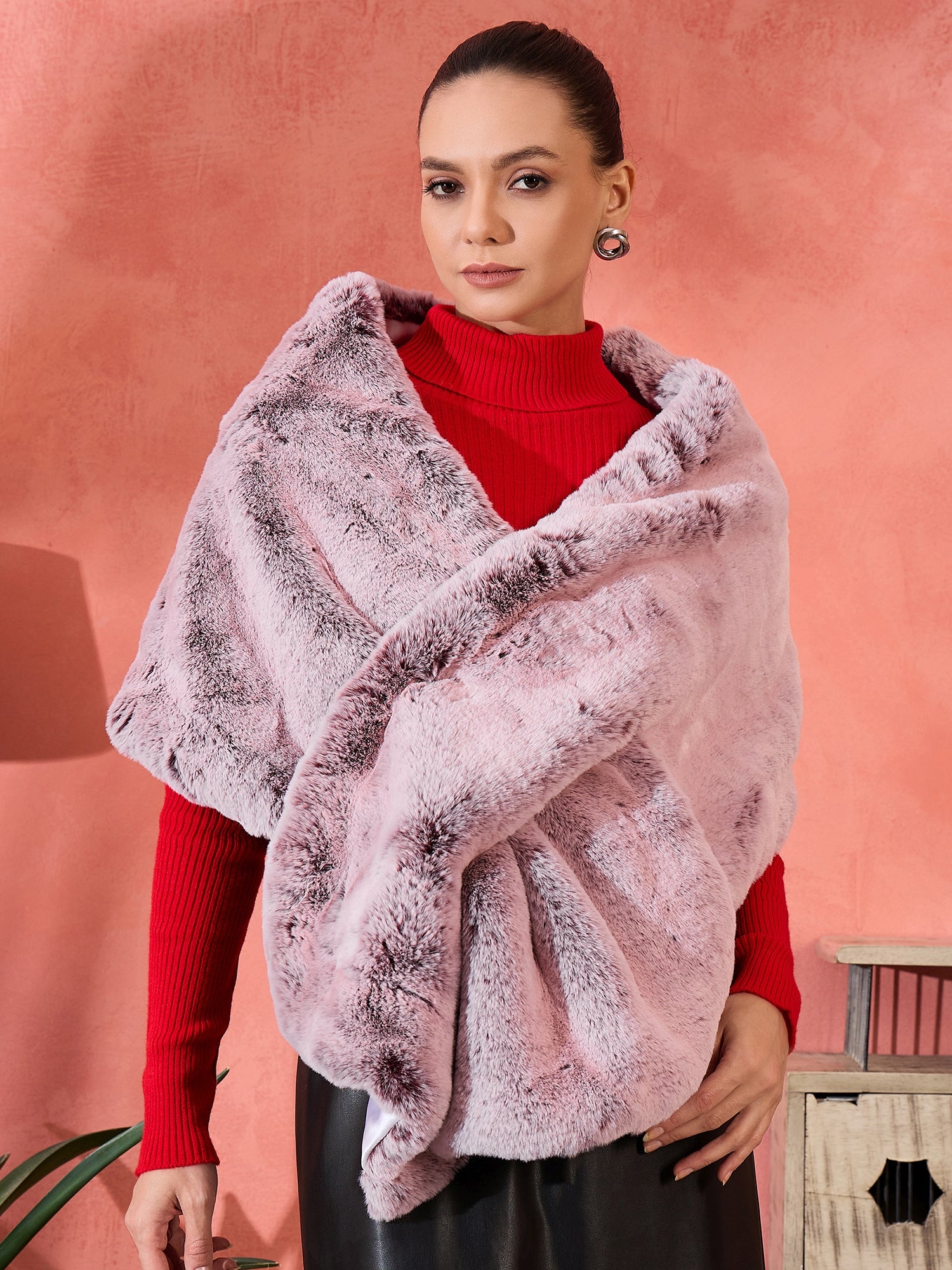 Maroon Icy Snowy Rabit Fur Cape