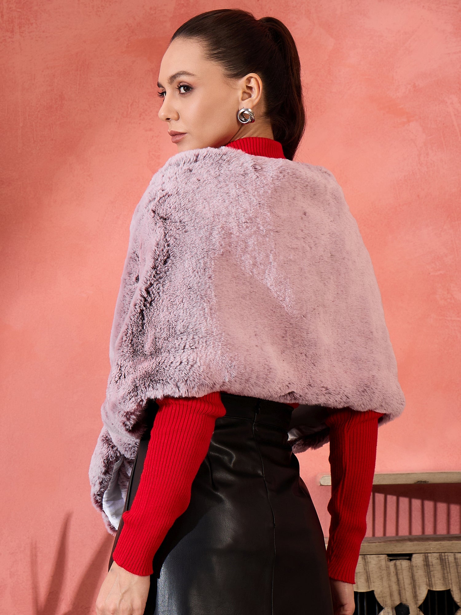 Maroon Icy Snowy Rabit Fur Cape