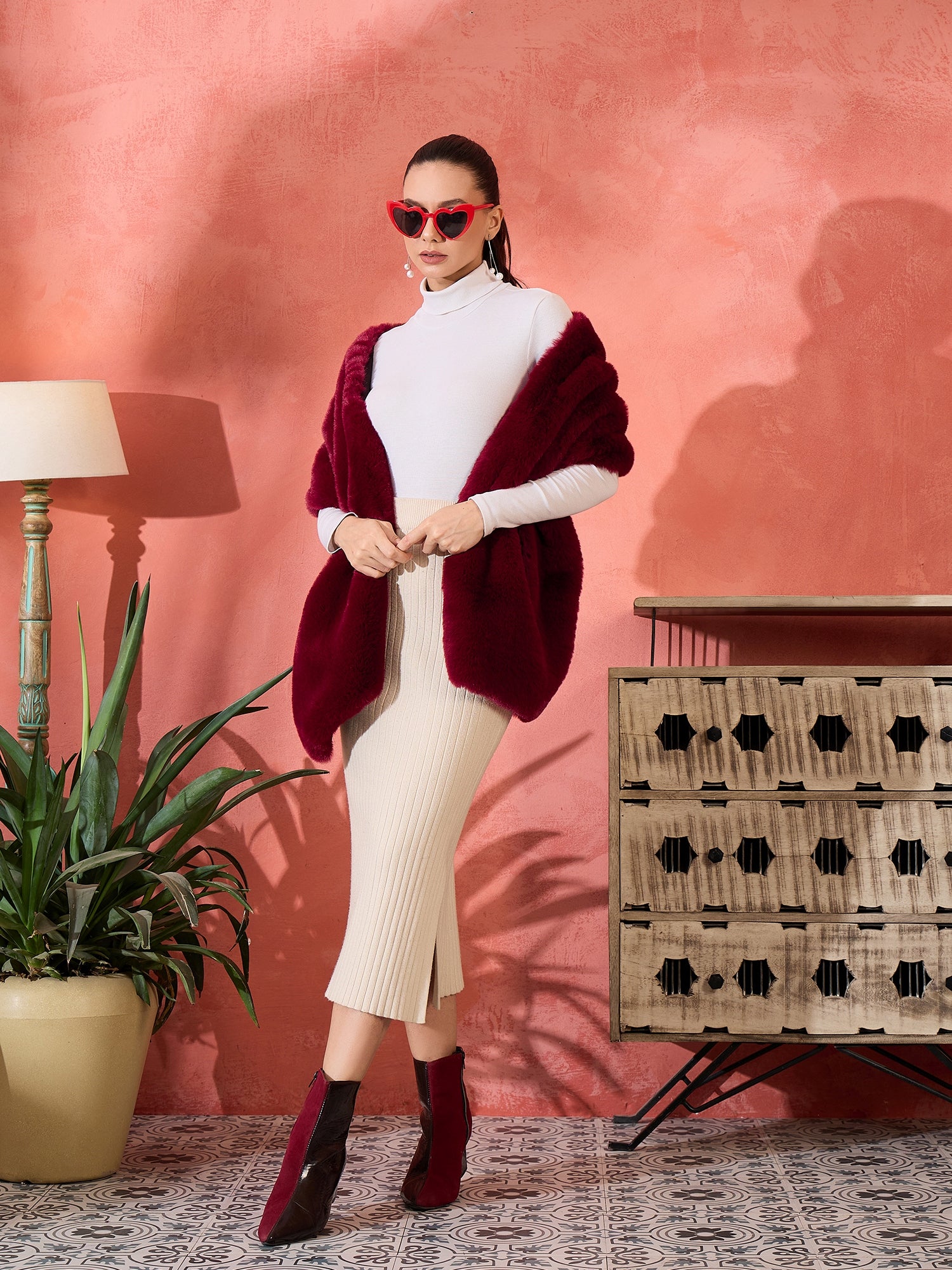 Burgundy Faux Fur Cape