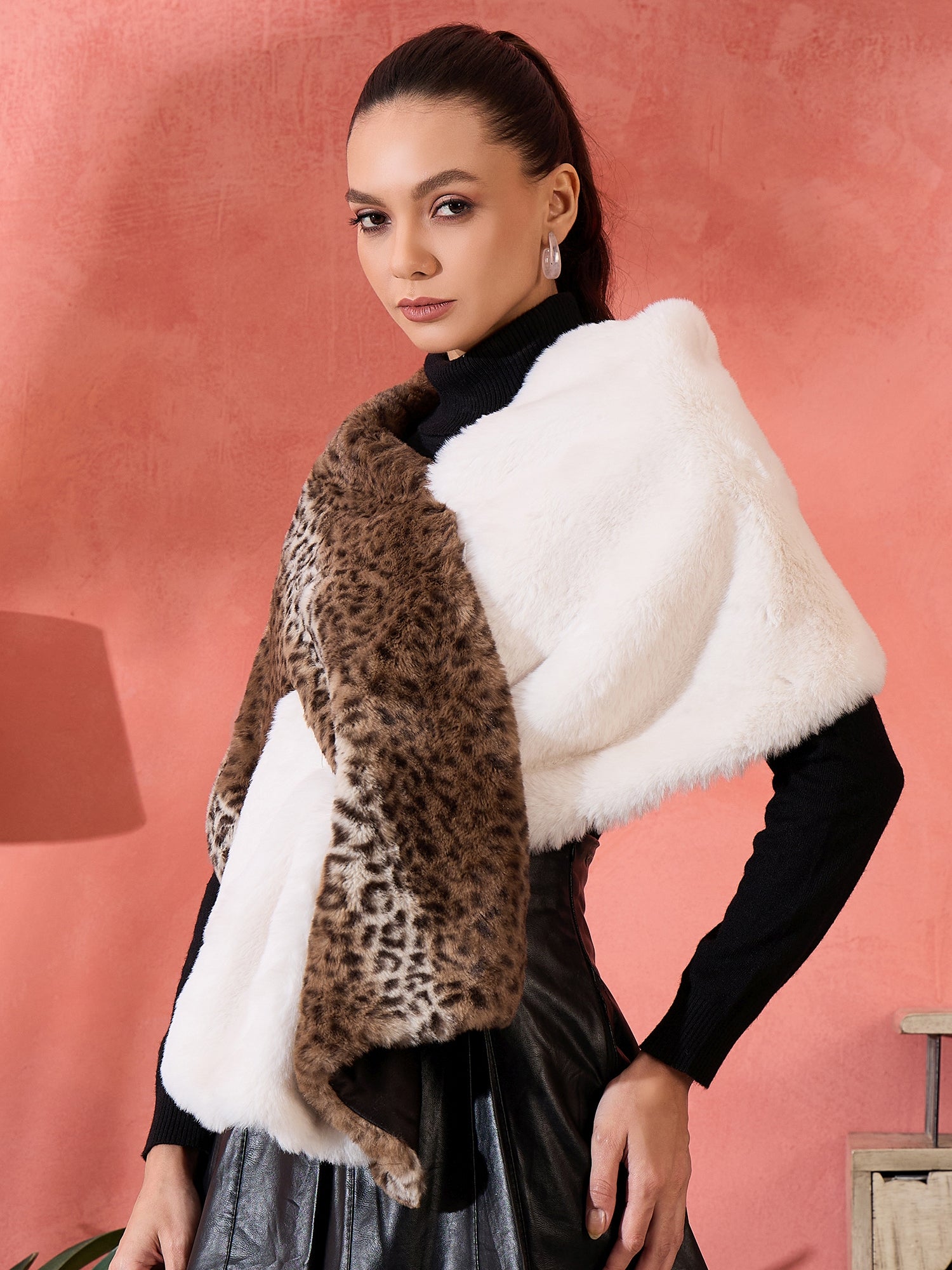 Brown Leopard Half White Rabbit Fur Cape