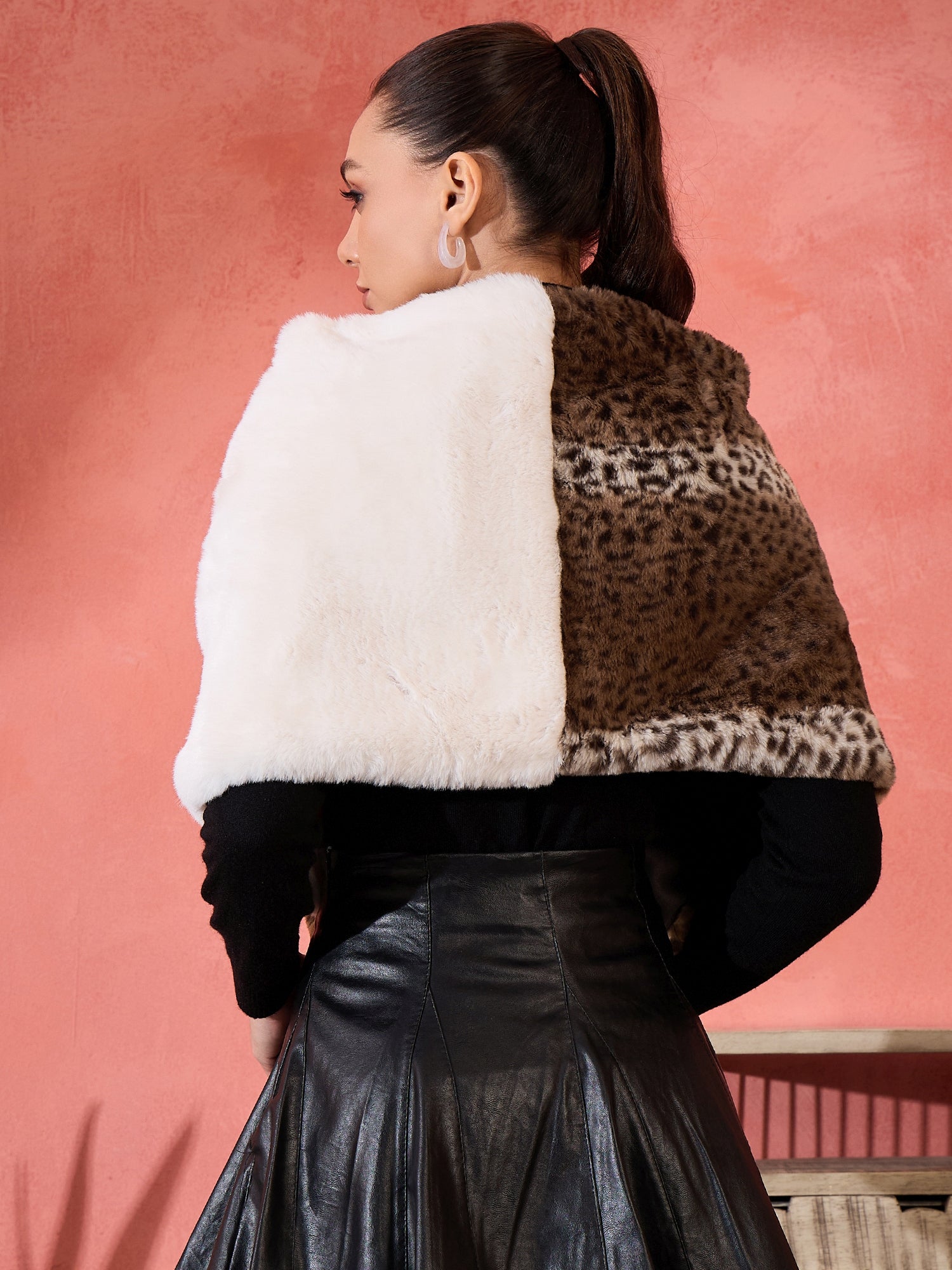 Brown Leopard Half White Rabbit Fur Cape