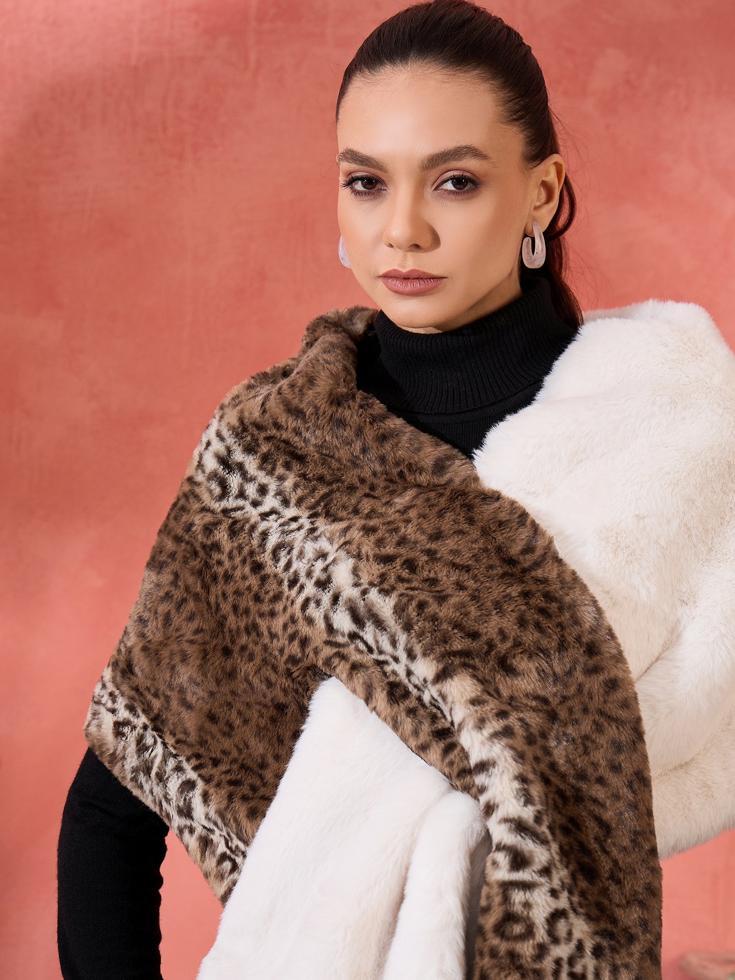 Brown Leopard Half White Rabbit Fur Cape