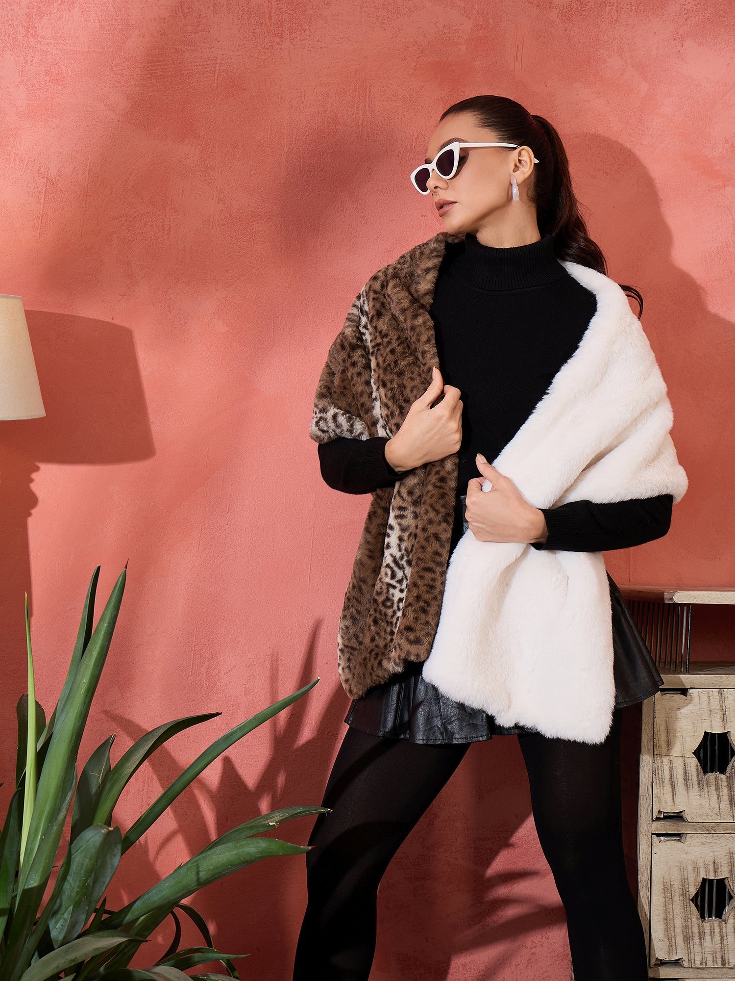 Brown Leopard Half White Rabbit Fur Cape