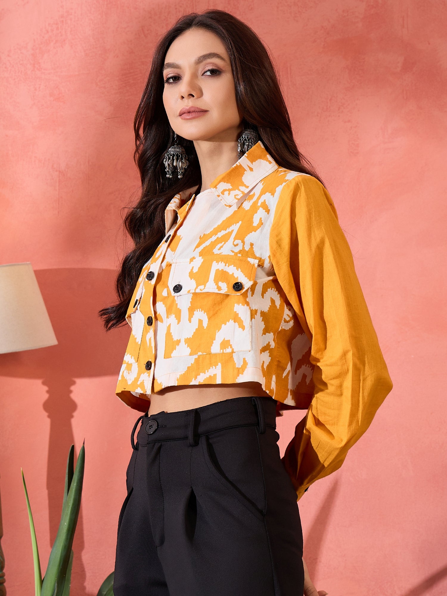 Tangy Orange Ikkat Print Pocket Jacket