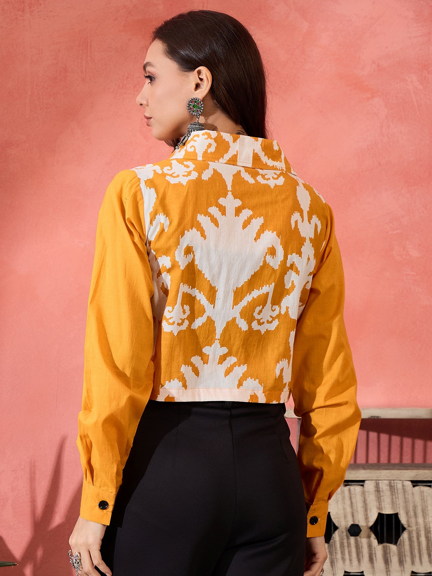 Tangy Orange Ikkat Print Pocket Jacket