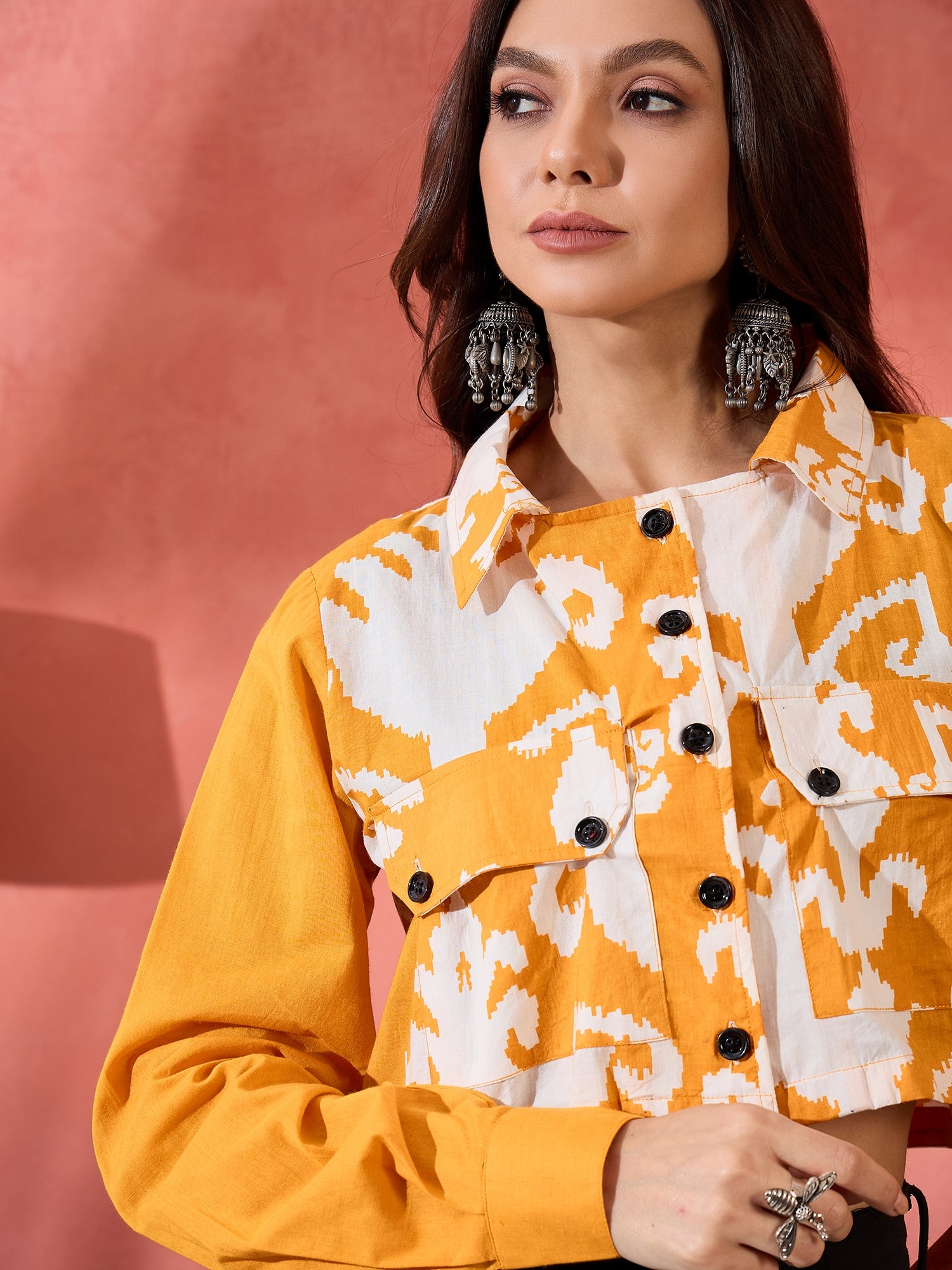 Tangy Orange Ikkat Print Pocket Jacket