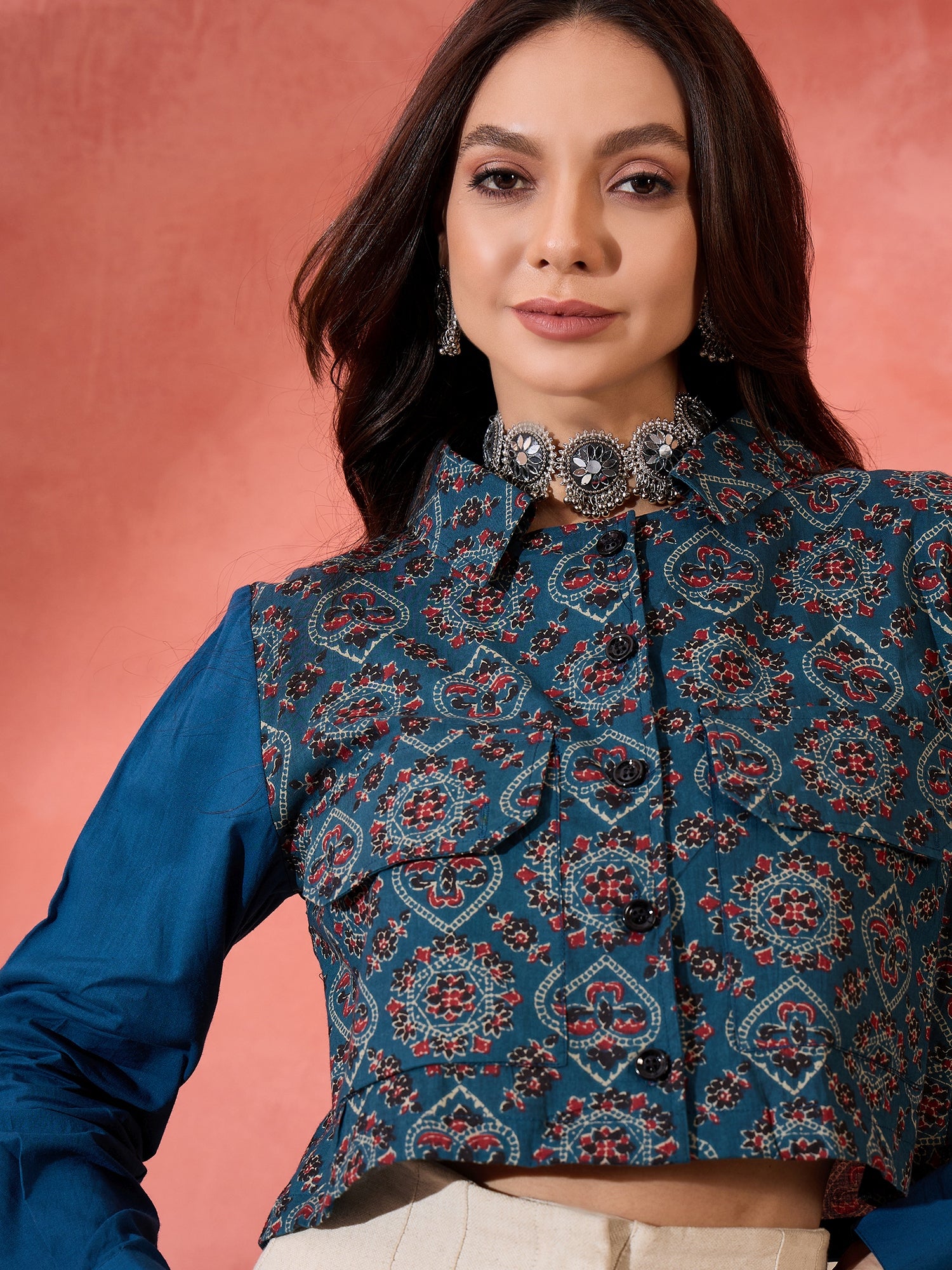 Ink Blue Kalamkari Print Pocket Jacket