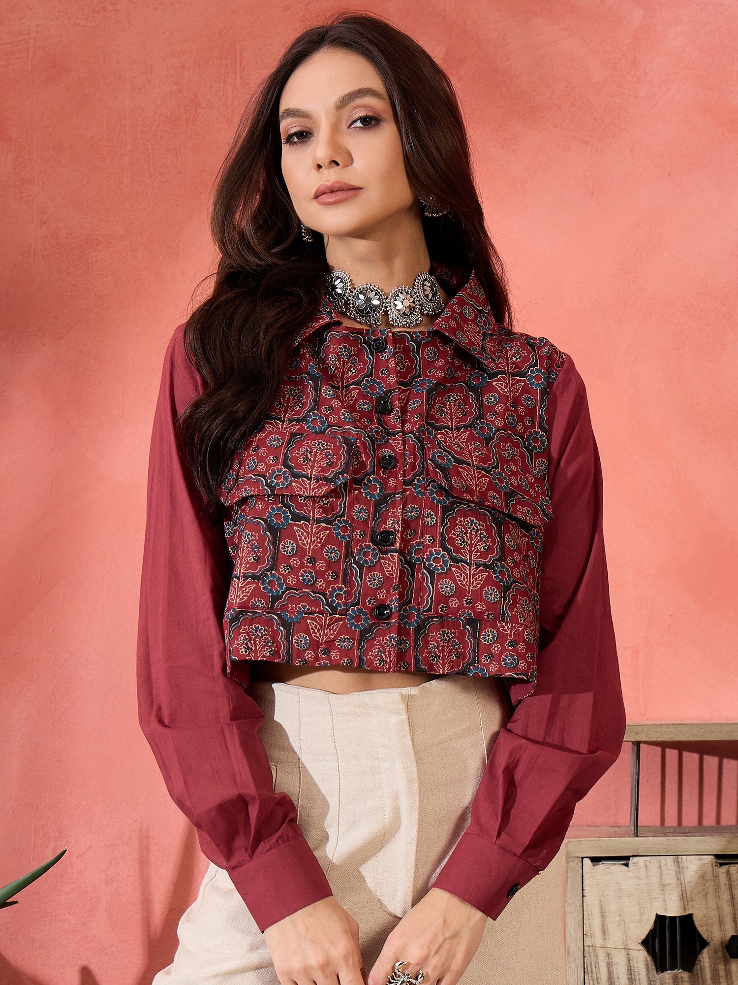 Barn Red Blue Kalamkari Pocket Jacket