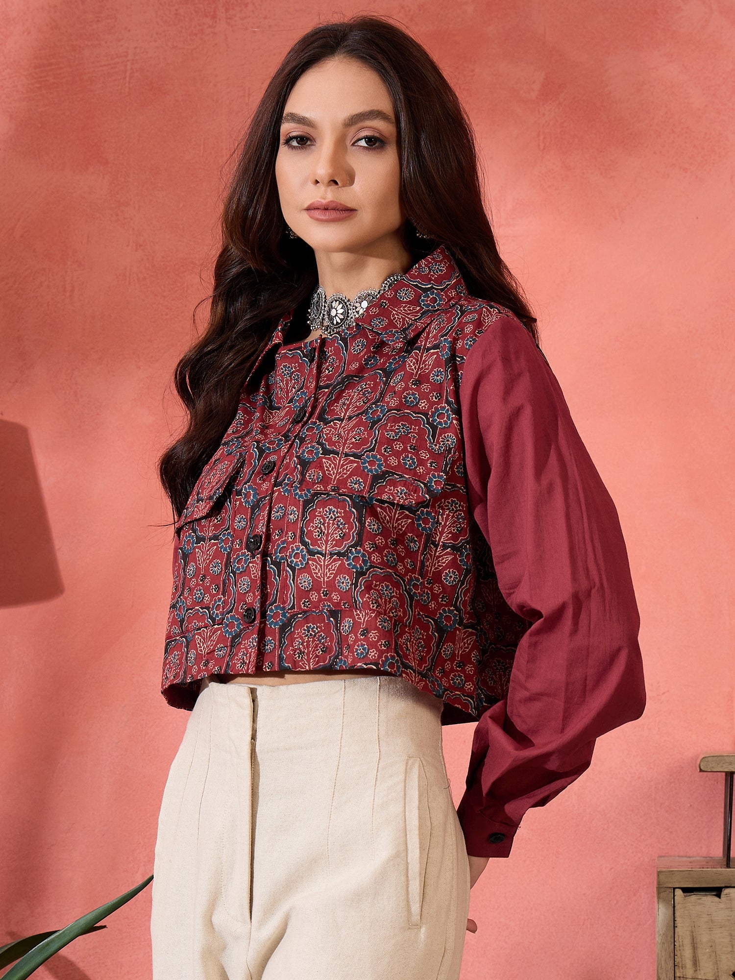 Barn Red Blue Kalamkari Pocket Jacket