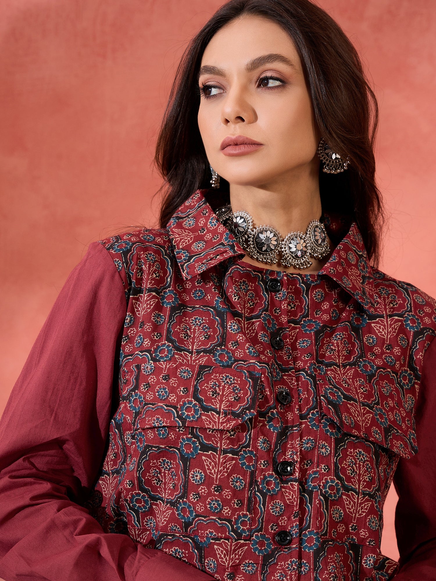 Barn Red Blue Kalamkari Pocket Jacket