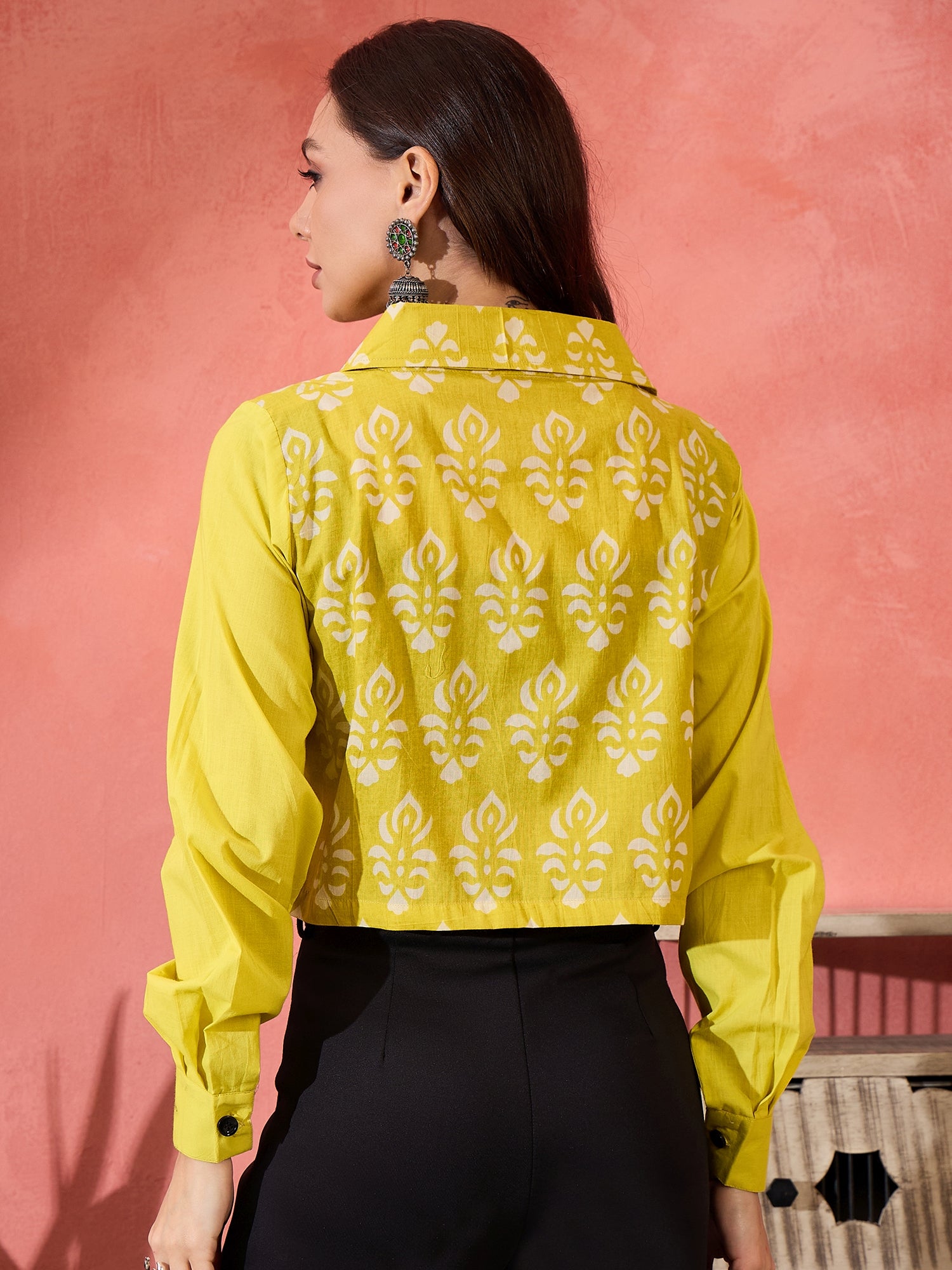 Lemon Yellow Block Print Pocket Jacket