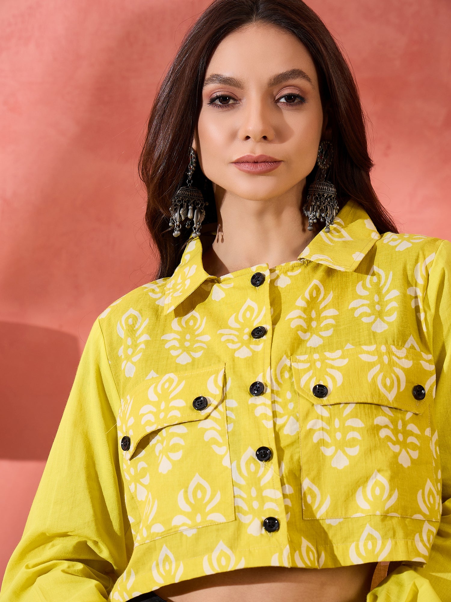 Lemon Yellow Block Print Pocket Jacket