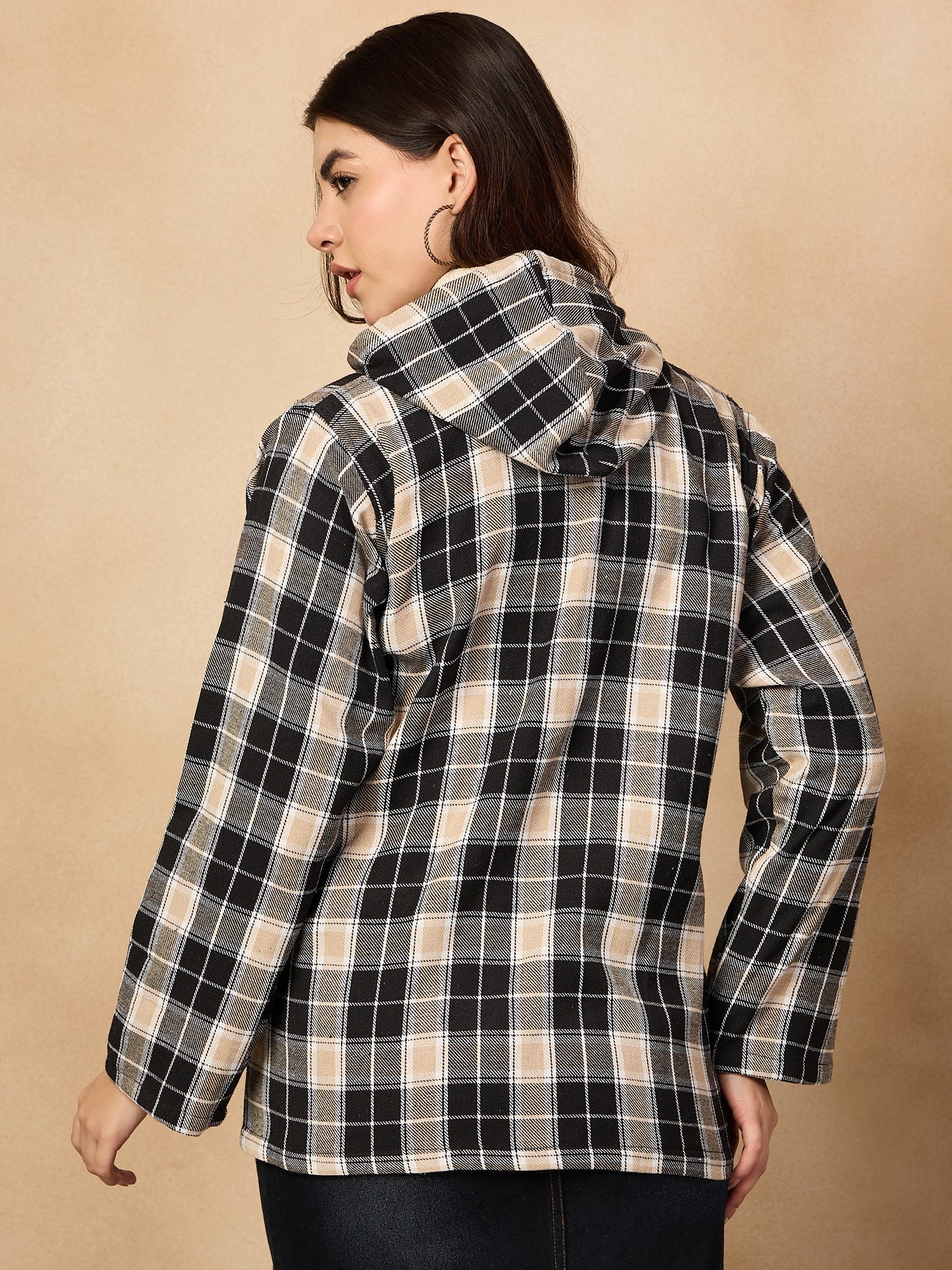 Black Beige Check Zipper Hoodie