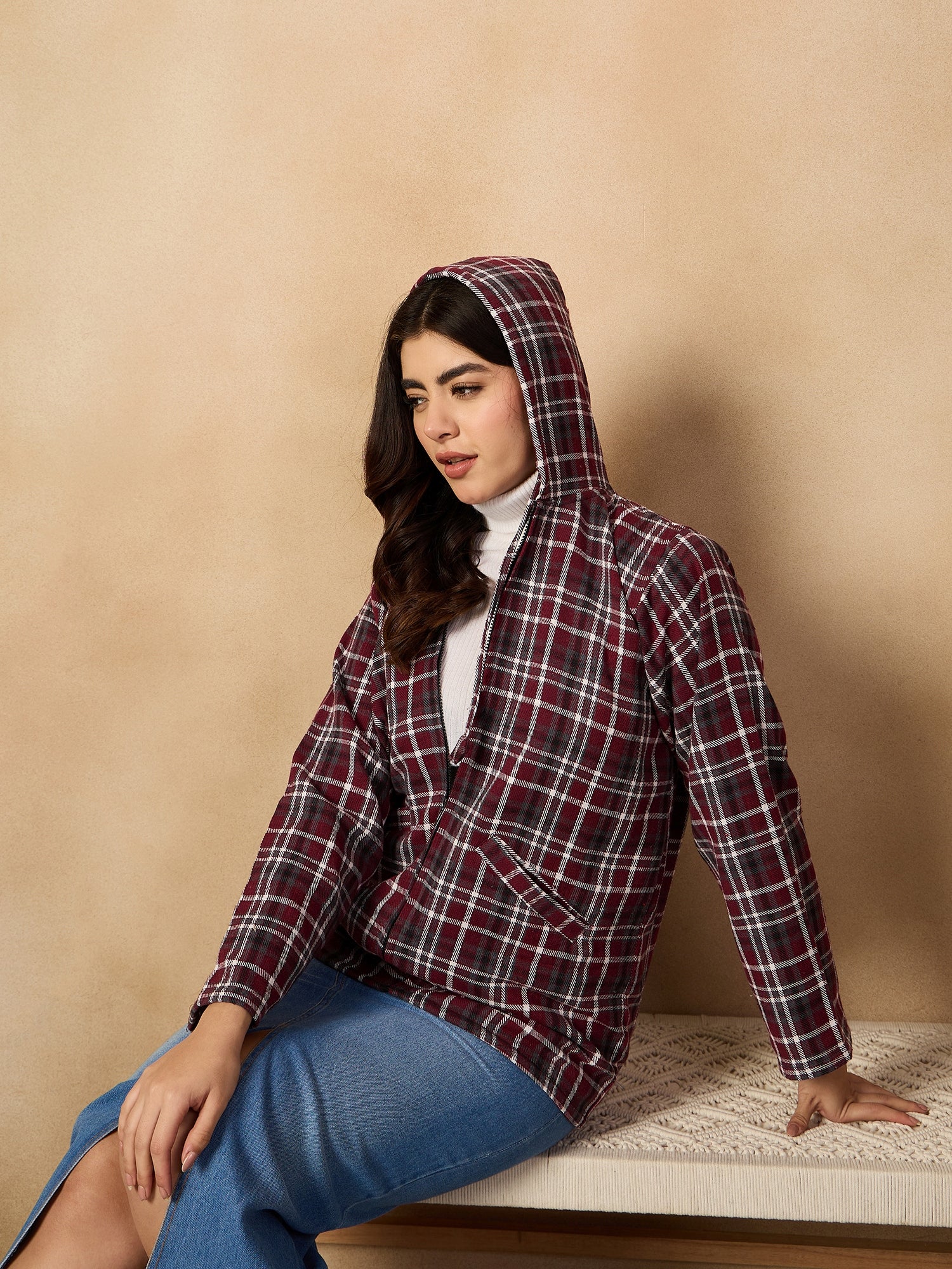 Burgundy Grey Check Zipper Hoodie