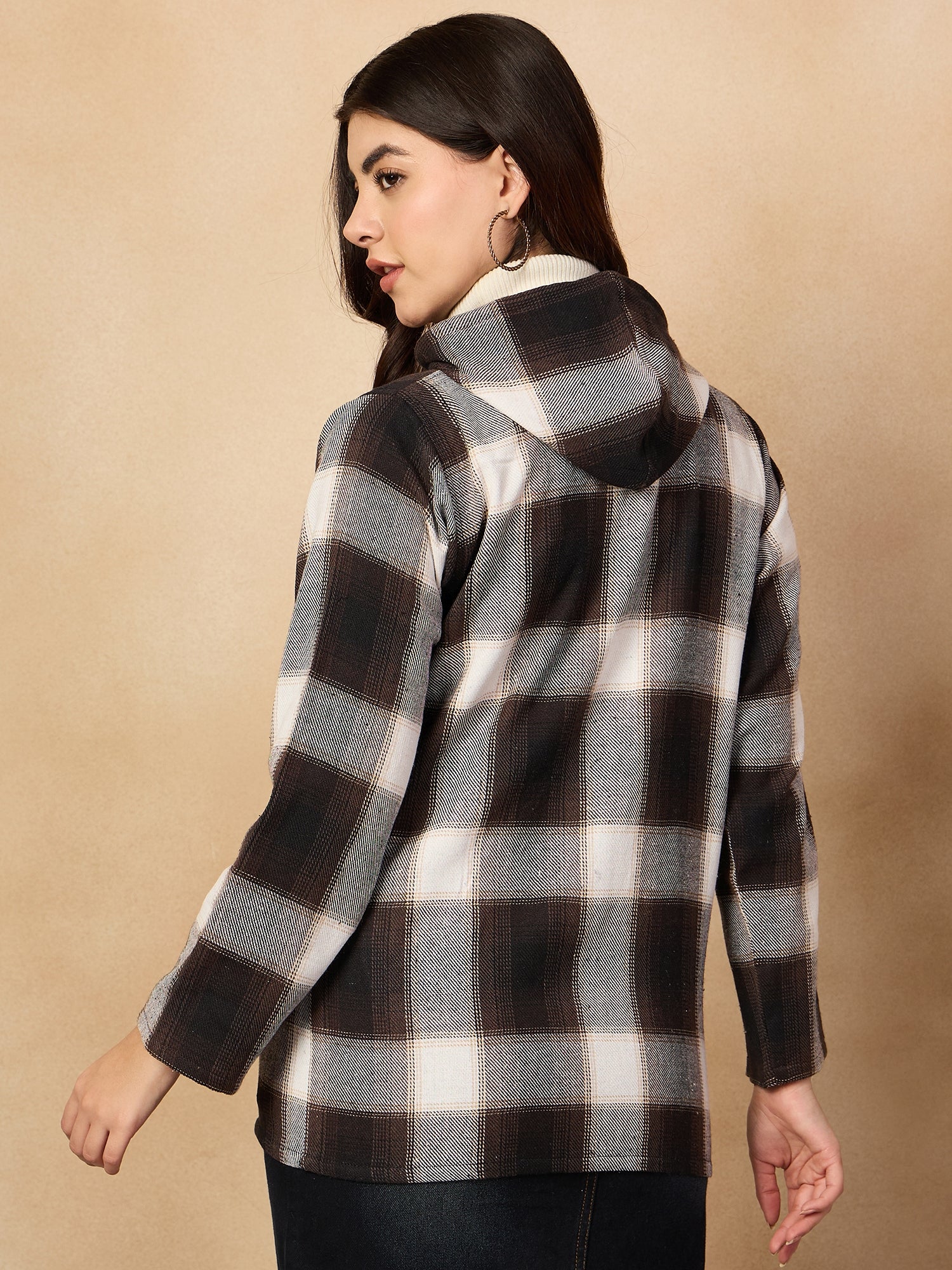 Brown White Check Zipper Hoodie