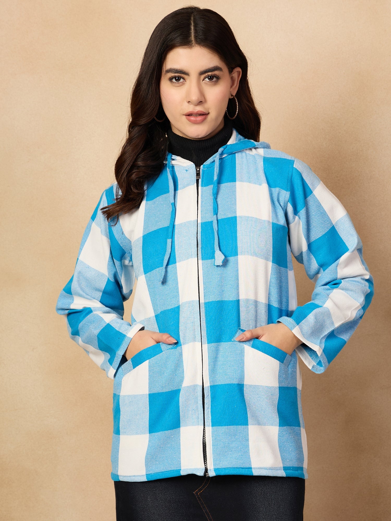 Cyan Blue White Check Zipper Hoodie