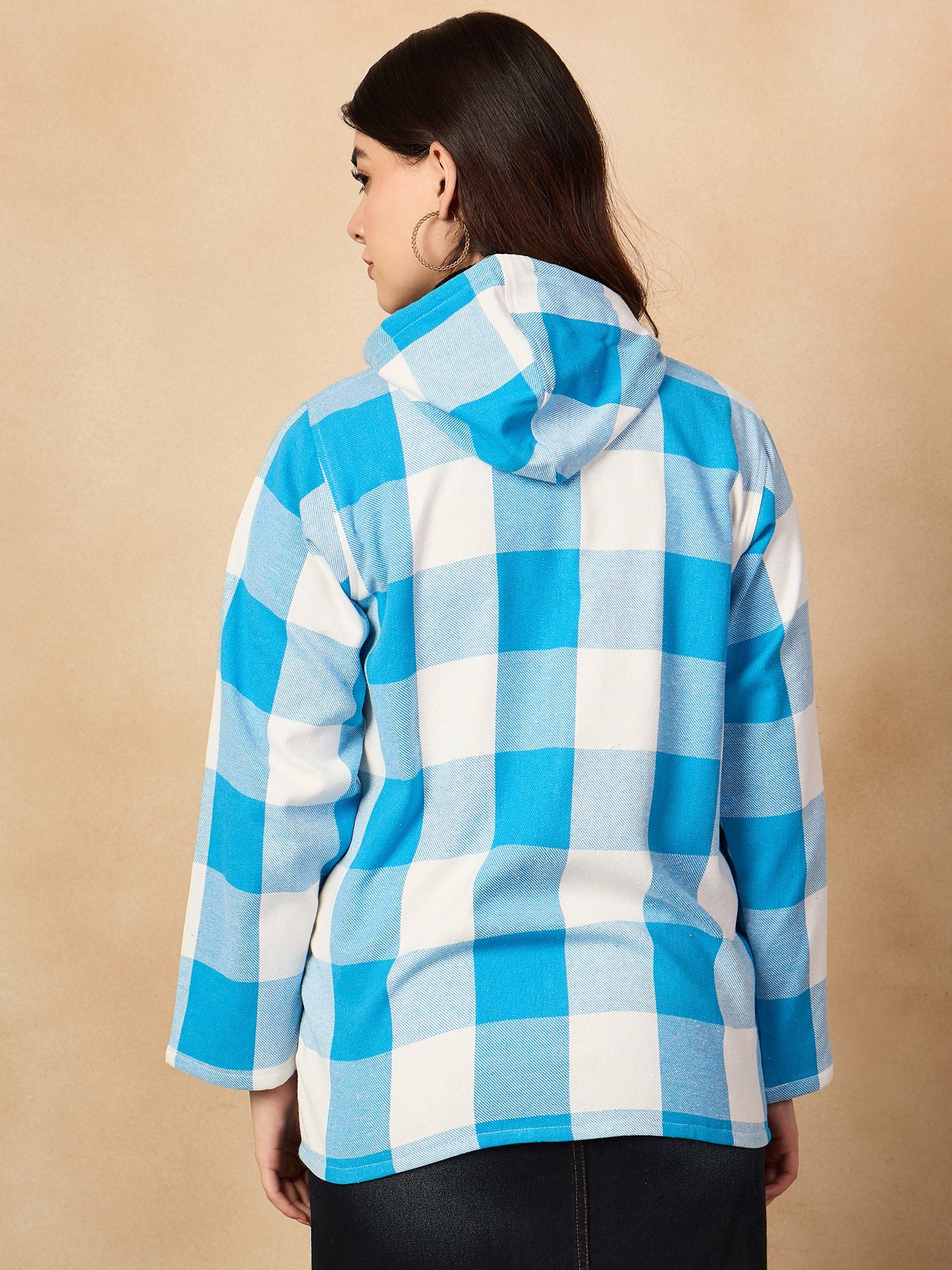 Cyan Blue White Check Zipper Hoodie