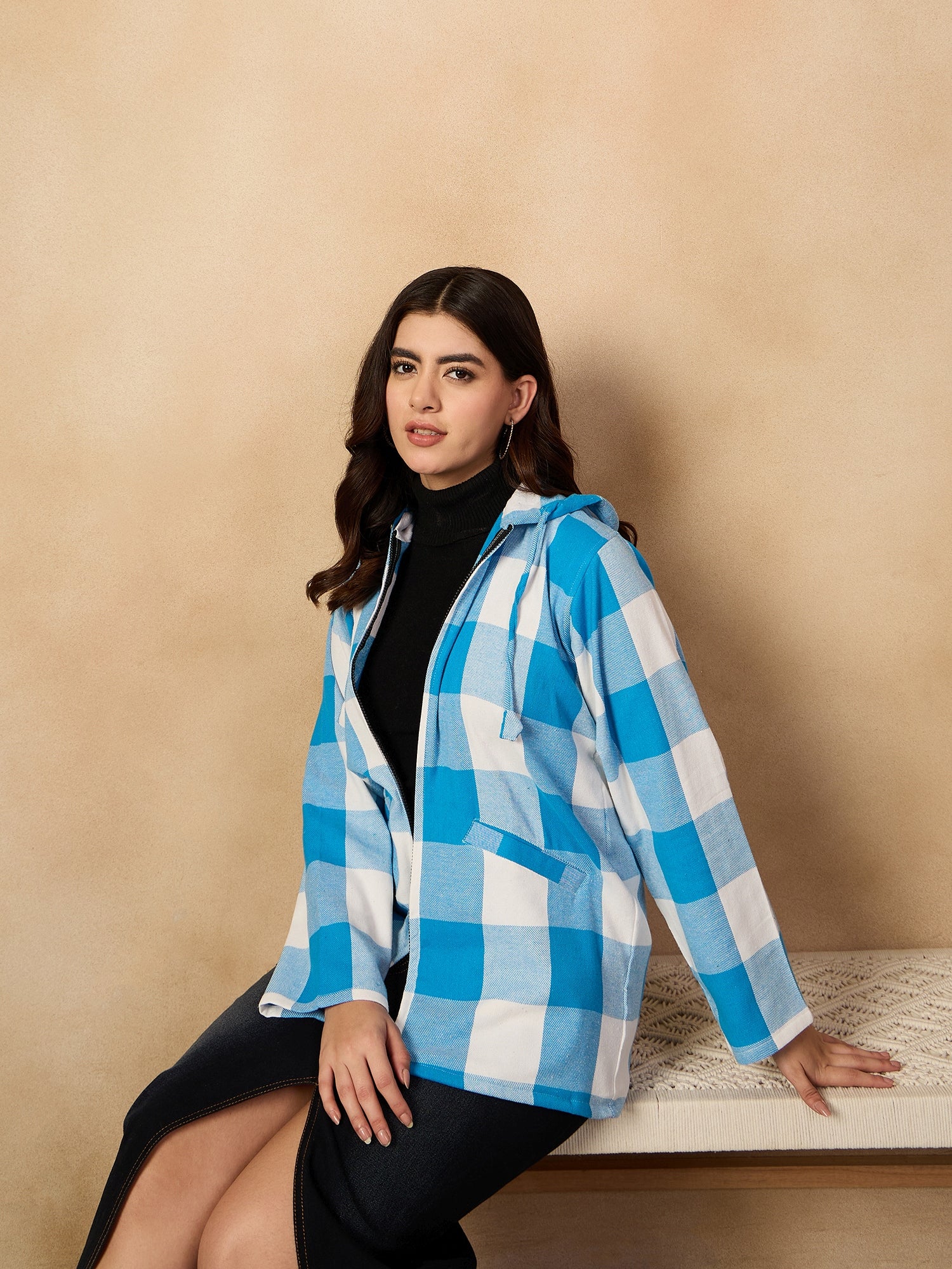 Cyan Blue White Check Zipper Hoodie