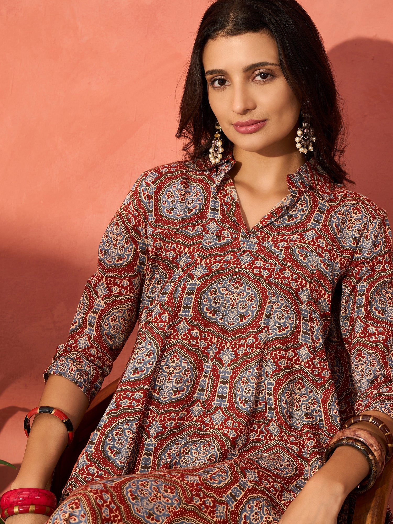 Maroon Mughal Kalamkari Flared Dress