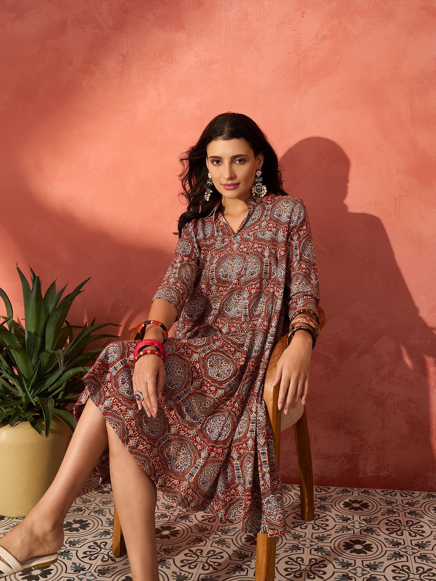 Maroon Mughal Kalamkari Flared Dress