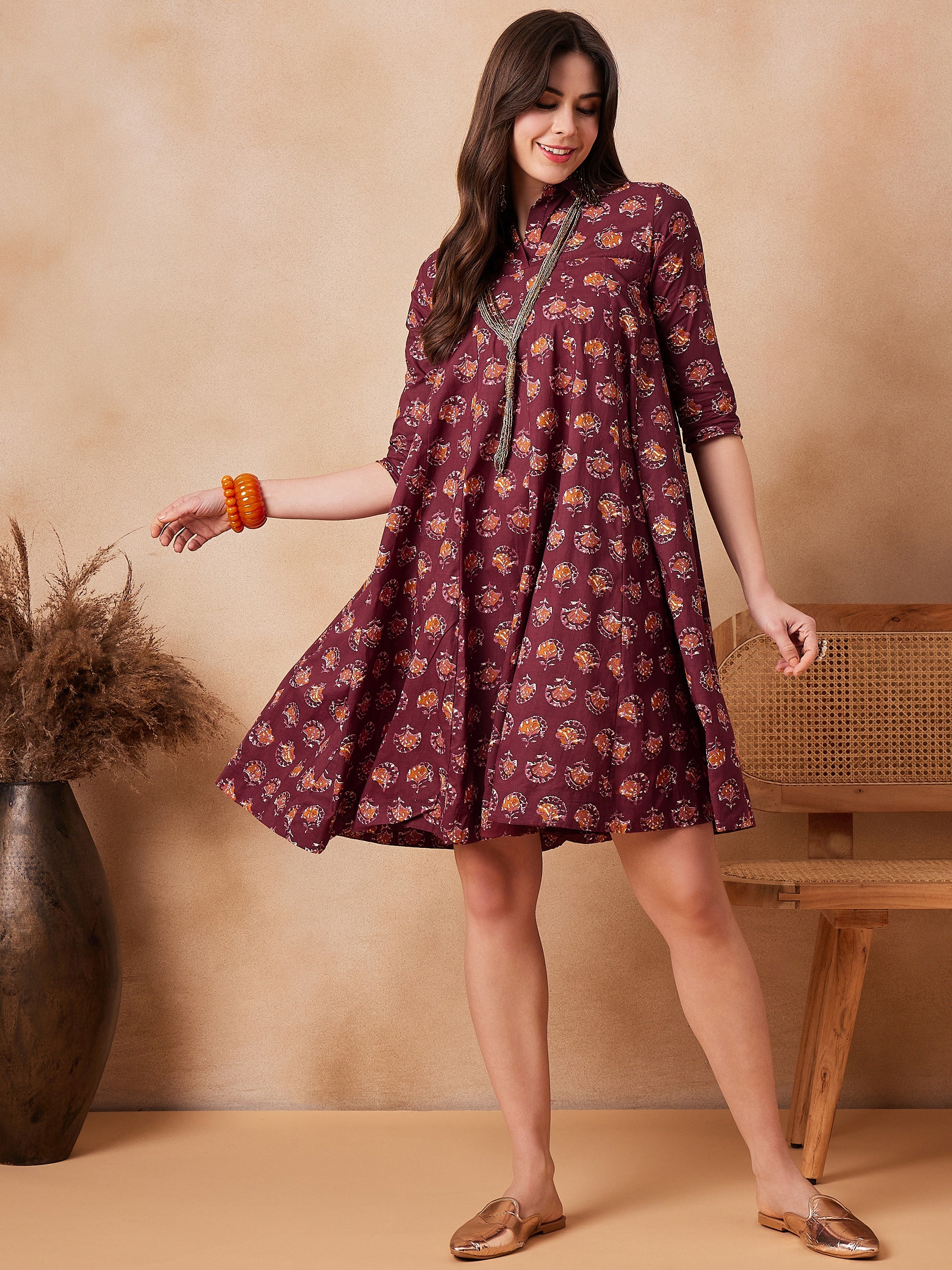 Burgundy Floral Boota Print Flared Dress