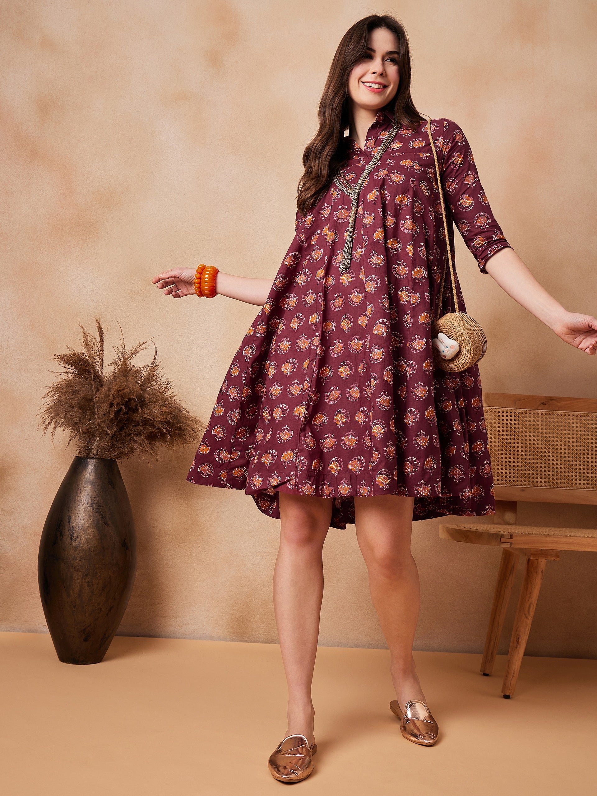 Burgundy Floral Boota Print Flared Dress