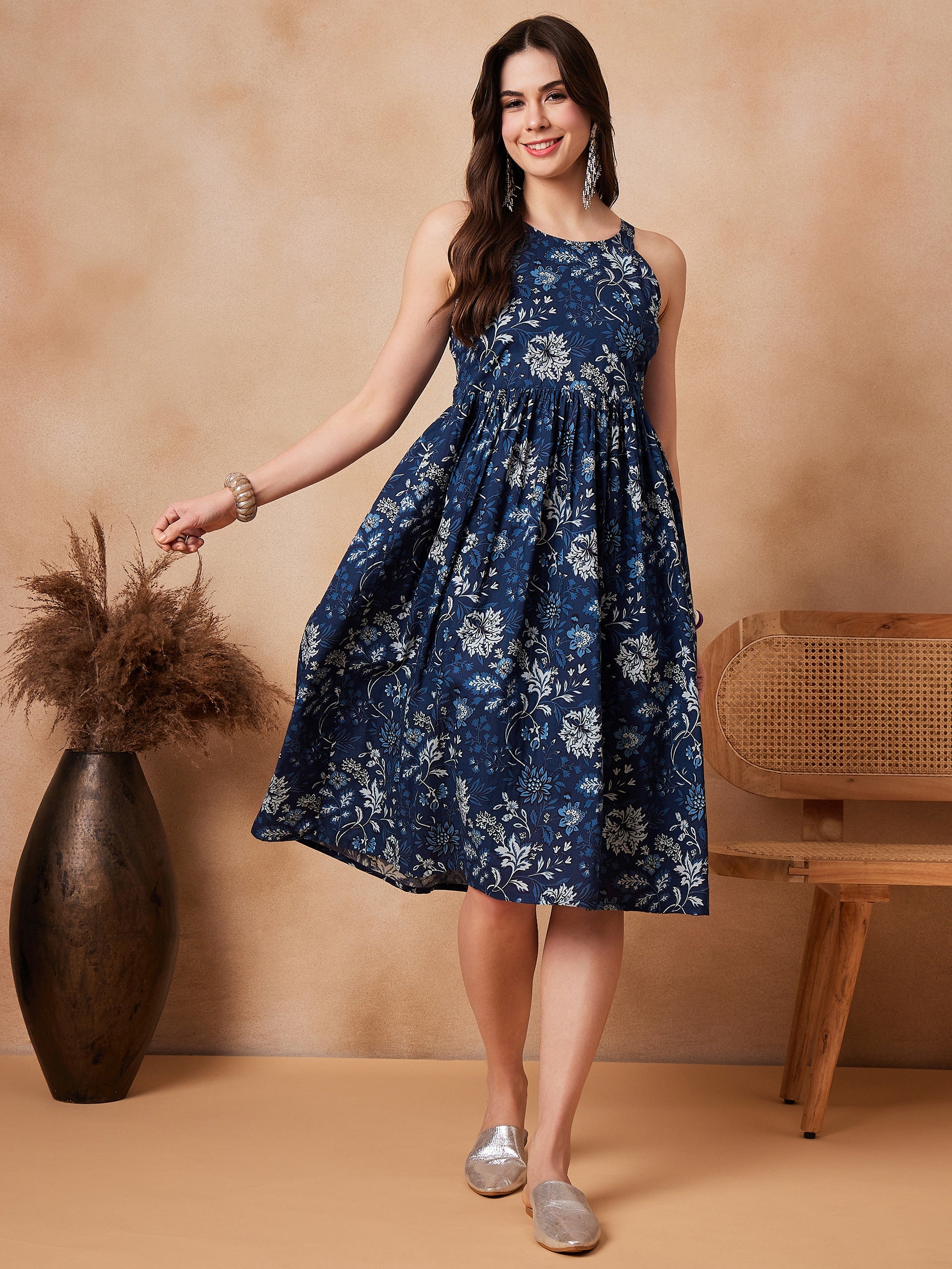 Indigo Floral Thick Strapp Round Neck Dress