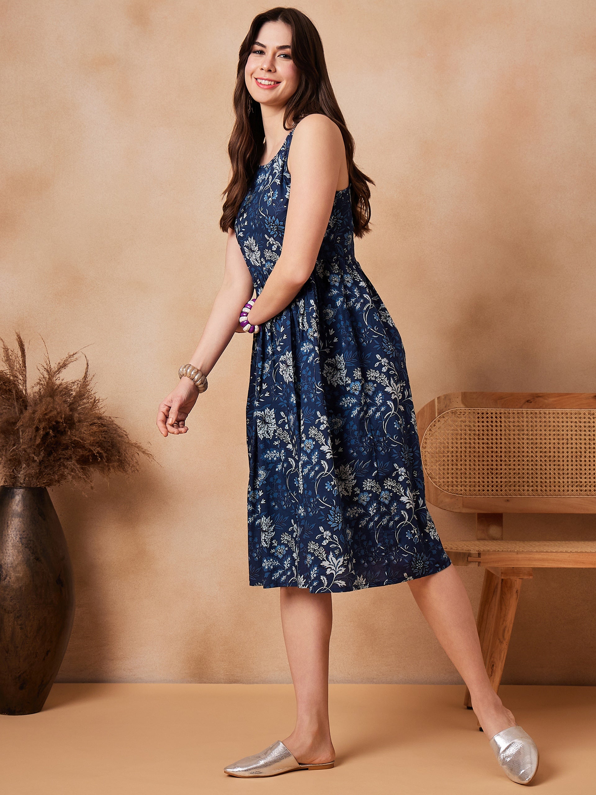 Indigo Floral Thick Strapp Round Neck Dress